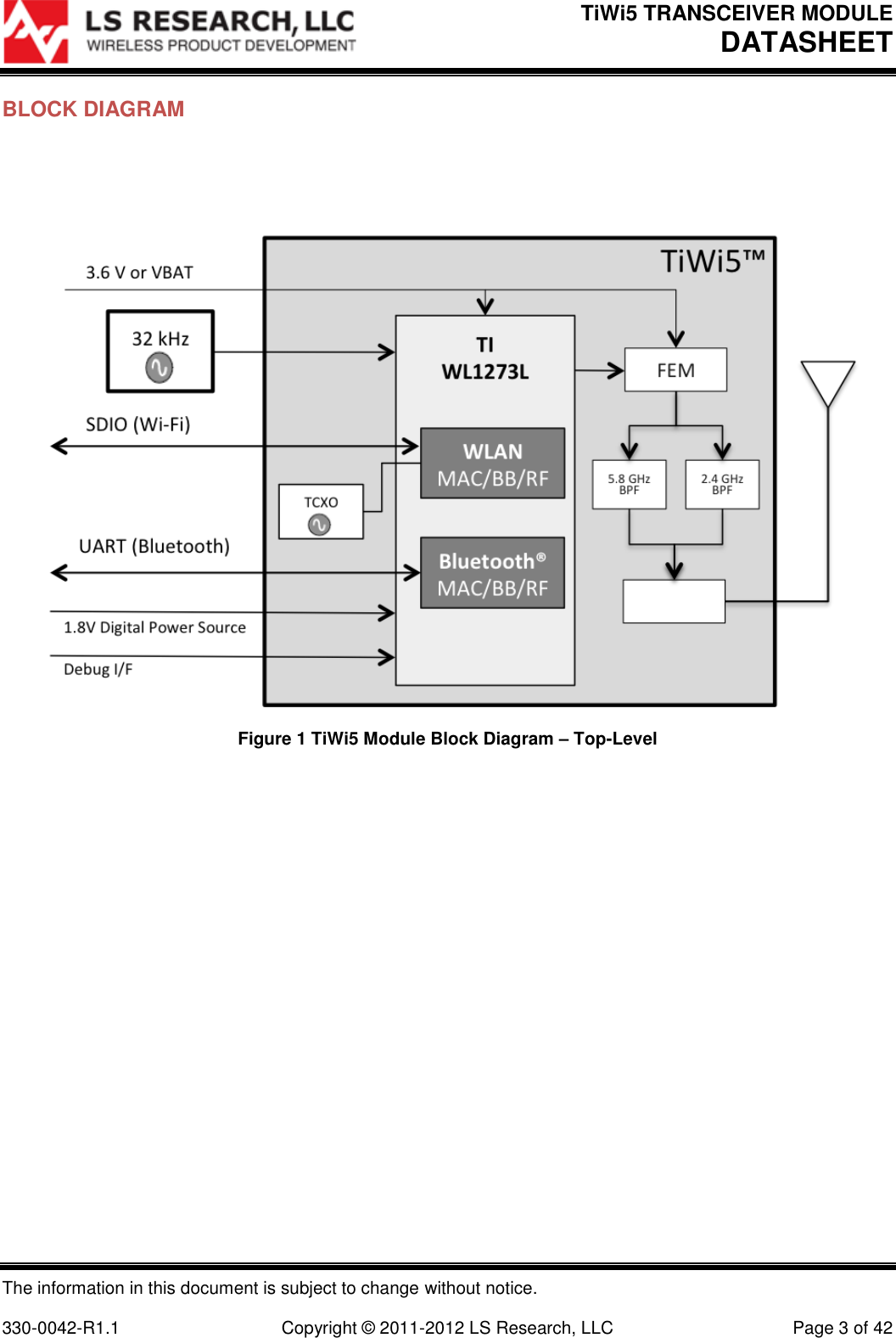 TiWi5 TRANSCEIVER MODULE DATASHEET  The information in this document is subject to change without notice.  330-0042-R1.1    Copyright © 2011-2012 LS Research, LLC  Page 3 of 42 BLOCK DIAGRAM    Figure 1 TiWi5 Module Block Diagram – Top-Level    