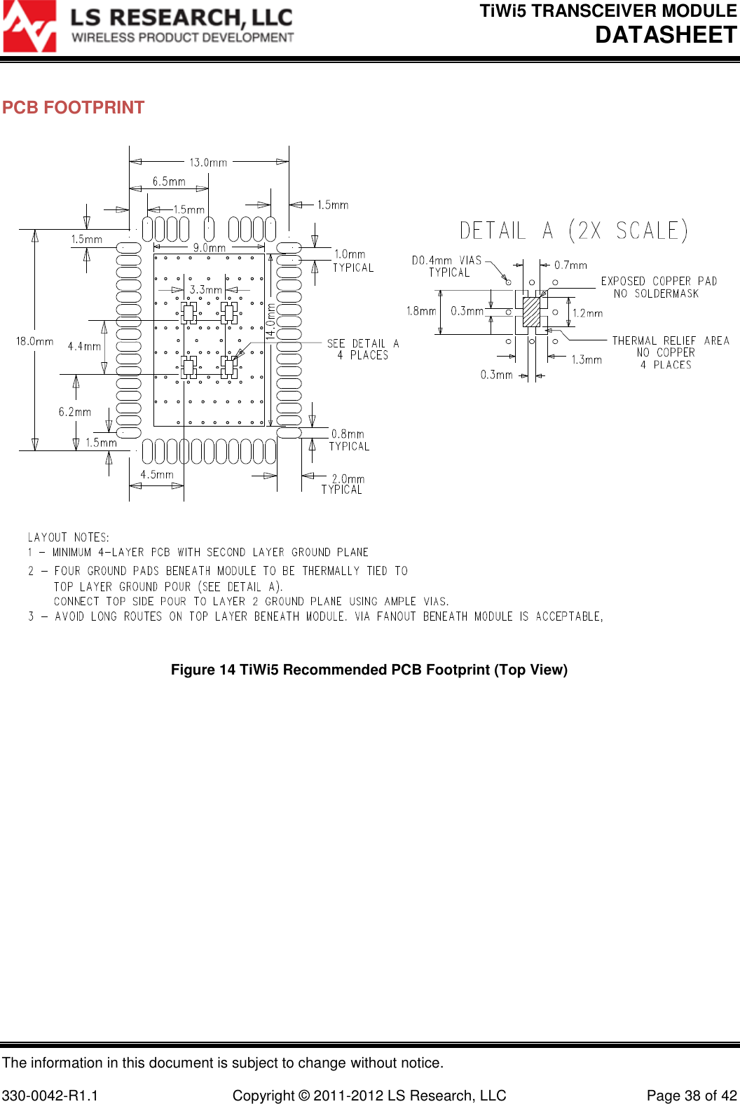 TiWi5 TRANSCEIVER MODULE DATASHEET  The information in this document is subject to change without notice.  330-0042-R1.1    Copyright © 2011-2012 LS Research, LLC  Page 38 of 42 PCB FOOTPRINT       Figure 14 TiWi5 Recommended PCB Footprint (Top View)    