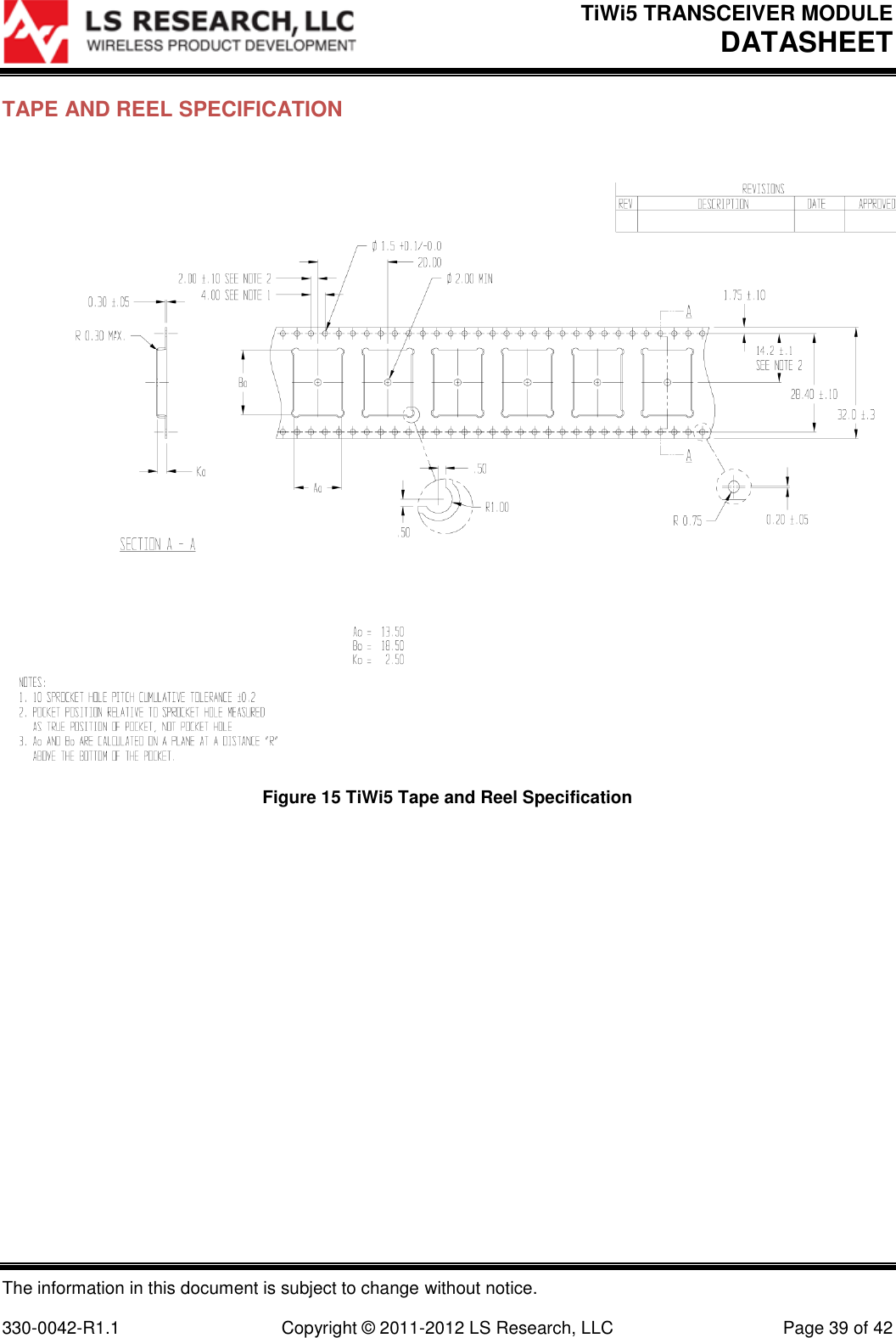 TiWi5 TRANSCEIVER MODULE DATASHEET  The information in this document is subject to change without notice.  330-0042-R1.1    Copyright © 2011-2012 LS Research, LLC  Page 39 of 42 TAPE AND REEL SPECIFICATION   Figure 15 TiWi5 Tape and Reel Specification   