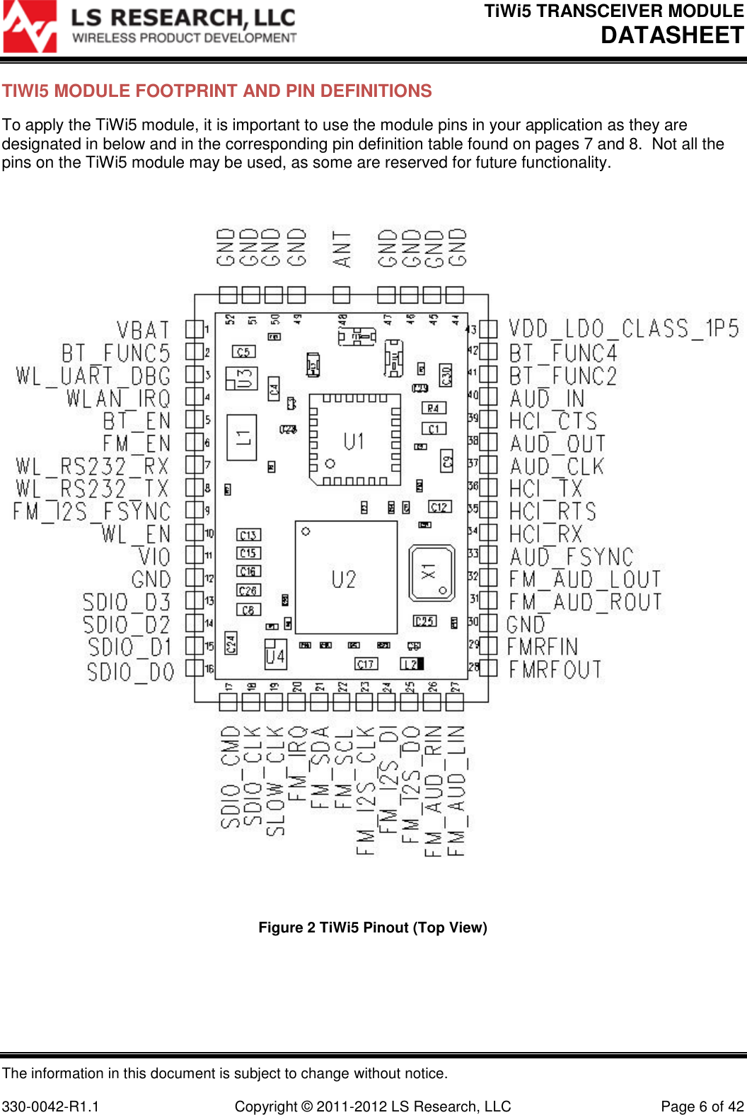 TiWi5 TRANSCEIVER MODULE DATASHEET  The information in this document is subject to change without notice.  330-0042-R1.1    Copyright © 2011-2012 LS Research, LLC  Page 6 of 42 TIWI5 MODULE FOOTPRINT AND PIN DEFINITIONS To apply the TiWi5 module, it is important to use the module pins in your application as they are designated in below and in the corresponding pin definition table found on pages 7 and 8.  Not all the pins on the TiWi5 module may be used, as some are reserved for future functionality.    Figure 2 TiWi5 Pinout (Top View) 