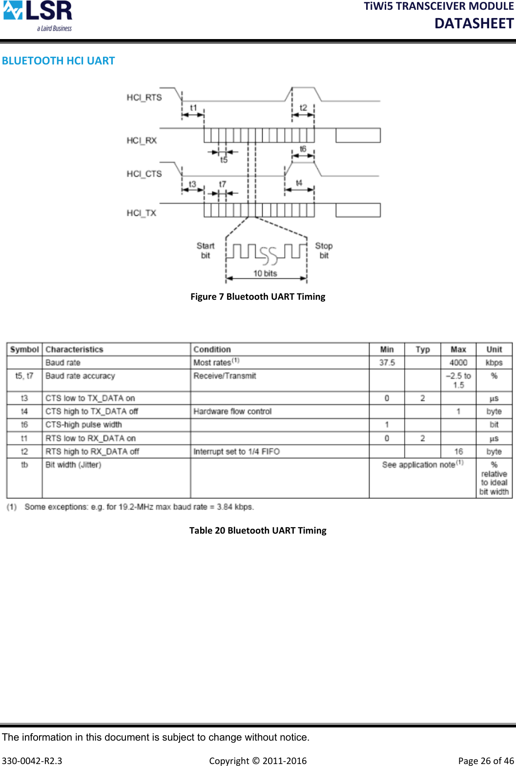 TiWi5TRANSCEIVERMODULEDATASHEET The information in this document is subject to change without notice.  330‐0042‐R2.3  Copyright©2011‐2016 Page26of46BLUETOOTHHCIUARTFigure7BluetoothUARTTimingTable20BluetoothUARTTiming