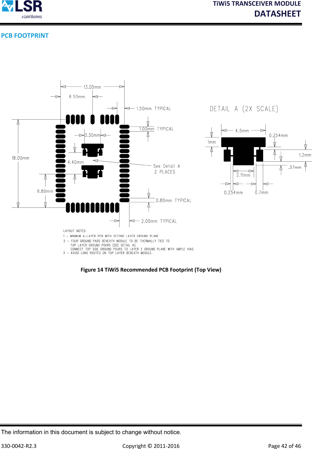 TiWi5TRANSCEIVERMODULEDATASHEET The information in this document is subject to change without notice.  330‐0042‐R2.3  Copyright©2011‐2016 Page42of46PCBFOOTPRINTFigure14TiWi5RecommendedPCBFootprint(TopView)