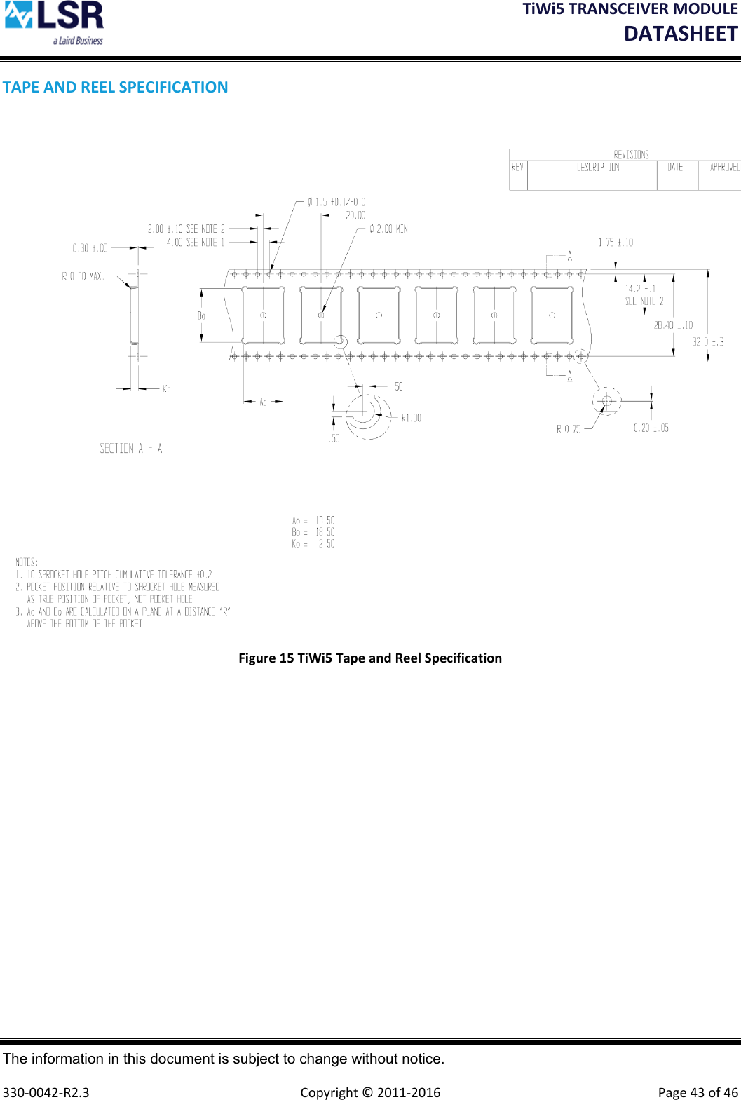 TiWi5TRANSCEIVERMODULEDATASHEET The information in this document is subject to change without notice.  330‐0042‐R2.3  Copyright©2011‐2016 Page43of46TAPEANDREELSPECIFICATIONFigure15TiWi5TapeandReelSpecification