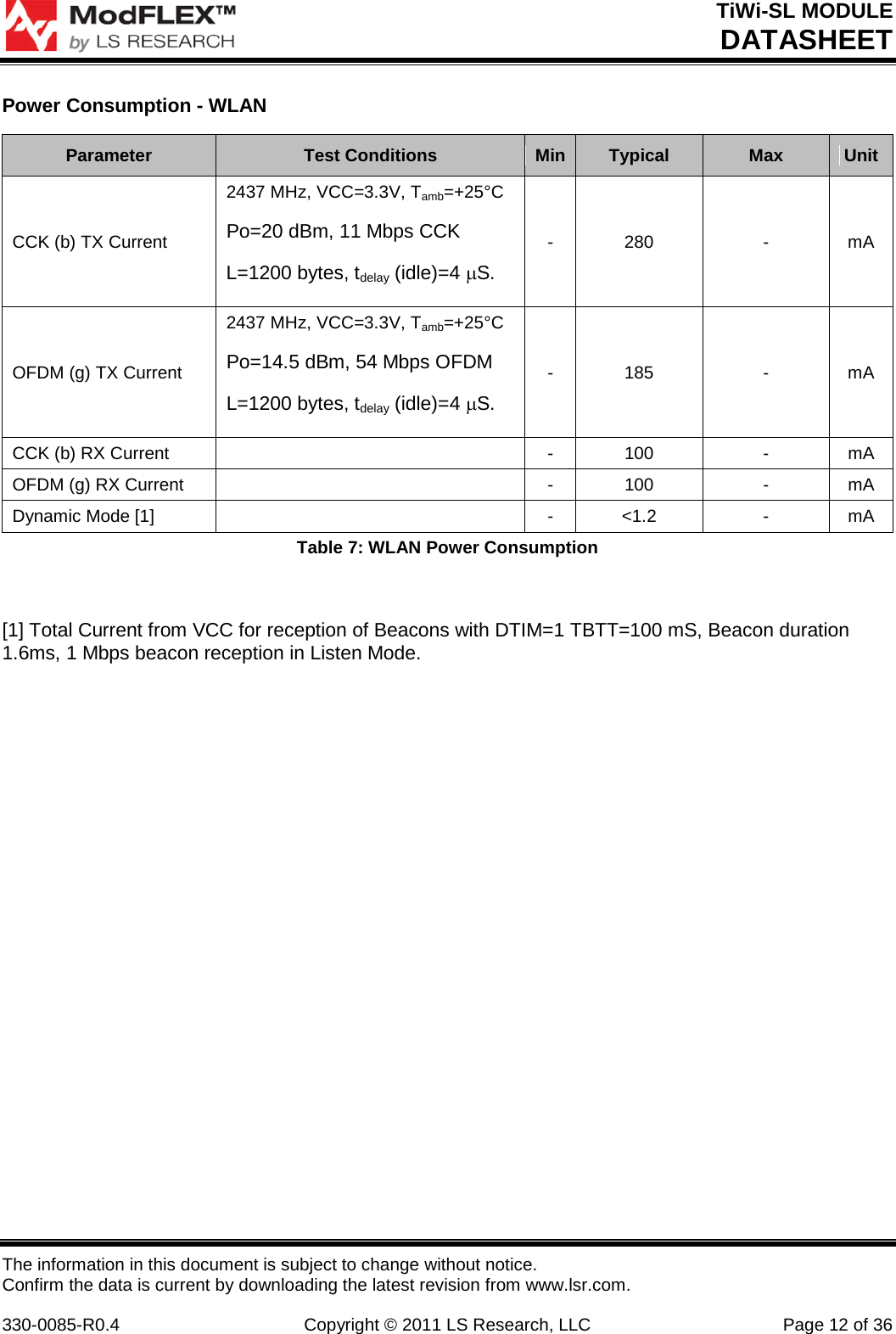 TiWi-SL MODULE DATASHEET The information in this document is subject to change without notice. Confirm the data is current by downloading the latest revision from www.lsr.com.  330-0085-R0.4 Copyright © 2011 LS Research, LLC Page 12 of 36 Power Consumption - WLAN Parameter Test Conditions Min Typical Max Unit CCK (b) TX Current  2437 MHz, VCC=3.3V, Tamb=+25°C Po=20 dBm, 11 Mbps CCK  L=1200 bytes, tdelay (idle)=4 µS.  -  280  -  mA OFDM (g) TX Current 2437 MHz, VCC=3.3V, Tamb=+25°C Po=14.5 dBm, 54 Mbps OFDM  L=1200 bytes, tdelay (idle)=4 µS.  -  185  -  mA CCK (b) RX Current   - 100 - mA OFDM (g) RX Current  - 100 - mA Dynamic Mode [1]   - &lt;1.2 - mA Table 7: WLAN Power Consumption  [1] Total Current from VCC for reception of Beacons with DTIM=1 TBTT=100 mS, Beacon duration 1.6ms, 1 Mbps beacon reception in Listen Mode.    