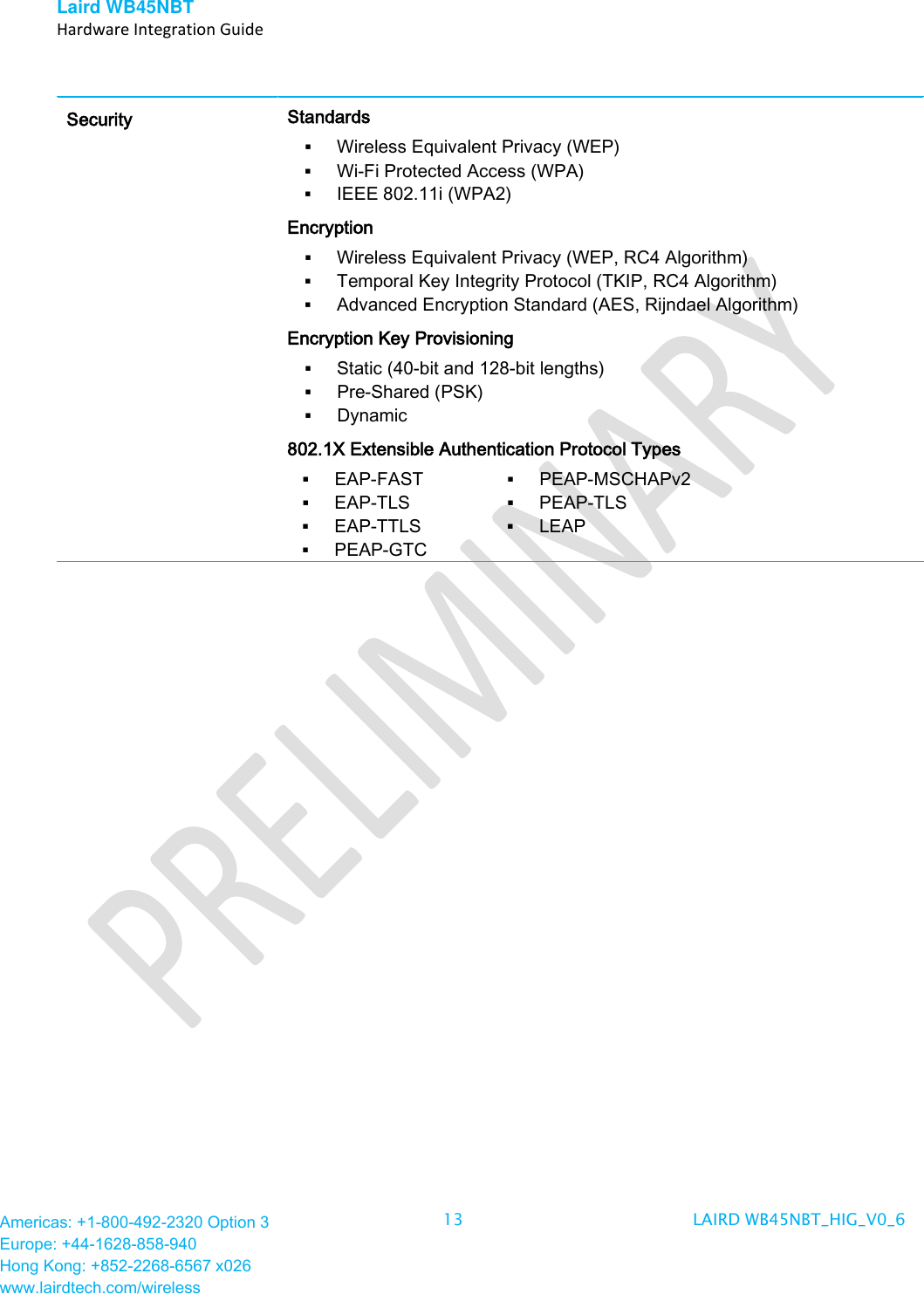 Laird WB45NBT   Hardware Integration Guide  Americas: +1-800-492-2320 Option 3 Europe: +44-1628-858-940 Hong Kong: +852-2268-6567 x026 www.lairdtech.com/wireless 13 LAIRD WB45NBT_HIG_V0_6   Security Standards  Wireless Equivalent Privacy (WEP)  Wi-Fi Protected Access (WPA)  IEEE 802.11i (WPA2) Encryption  Wireless Equivalent Privacy (WEP, RC4 Algorithm)  Temporal Key Integrity Protocol (TKIP, RC4 Algorithm)  Advanced Encryption Standard (AES, Rijndael Algorithm) Encryption Key Provisioning  Static (40-bit and 128-bit lengths)  Pre-Shared (PSK)  Dynamic 802.1X Extensible Authentication Protocol Types  EAP-FAST  EAP-TLS  EAP-TTLS  PEAP-GTC  PEAP-MSCHAPv2  PEAP-TLS  LEAP  