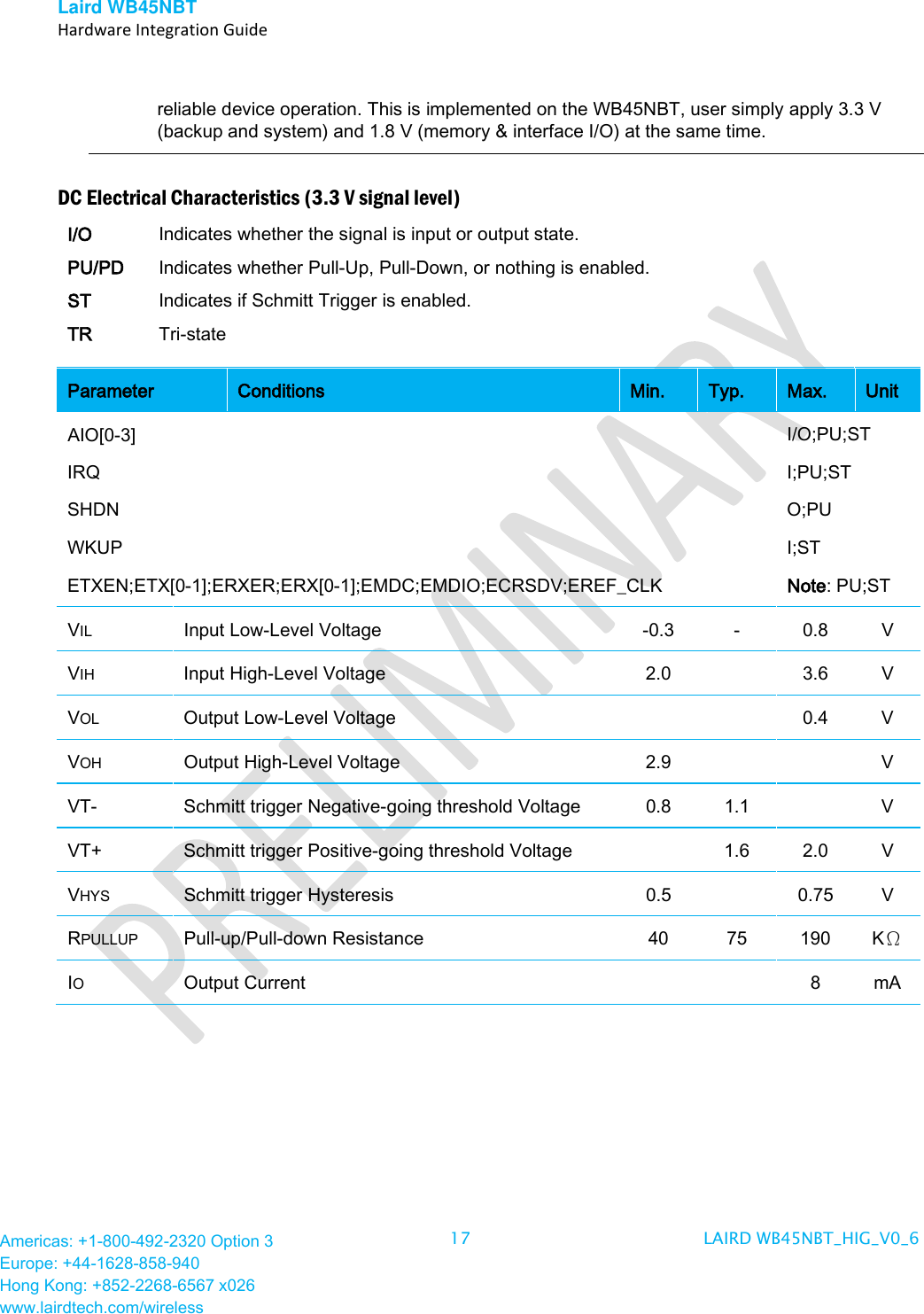 Laird WB45NBT   Hardware Integration Guide  Americas: +1-800-492-2320 Option 3 Europe: +44-1628-858-940 Hong Kong: +852-2268-6567 x026 www.lairdtech.com/wireless 17 LAIRD WB45NBT_HIG_V0_6   reliable device operation. This is implemented on the WB45NBT, user simply apply 3.3 V (backup and system) and 1.8 V (memory &amp; interface I/O) at the same time. DC Electrical Characteristics (3.3 V signal level) I/O Indicates whether the signal is input or output state. PU/PD Indicates whether Pull-Up, Pull-Down, or nothing is enabled. ST Indicates if Schmitt Trigger is enabled. TR Tri-state Parameter Conditions Min. Typ. Max. Unit AIO[0-3] IRQ SHDN WKUP ETXEN;ETX[0-1];ERXER;ERX[0-1];EMDC;EMDIO;ECRSDV;EREF_CLK I/O;PU;ST I;PU;ST O;PU I;ST Note: PU;ST VIL Input Low-Level Voltage  -0.3  -  0.8  V VIH Input High-Level Voltage 2.0    3.6  V VOL Output Low-Level Voltage      0.4  V VOH Output High-Level Voltage 2.9      V VT-  Schmitt trigger Negative-going threshold Voltage 0.8 1.1    V VT+ Schmitt trigger Positive-going threshold Voltage    1.6 2.0  V VHYS Schmitt trigger Hysteresis 0.5    0.75  V RPULLUP Pull-up/Pull-down Resistance 40 75 190  KΩ IO  Output Current      8  mA     