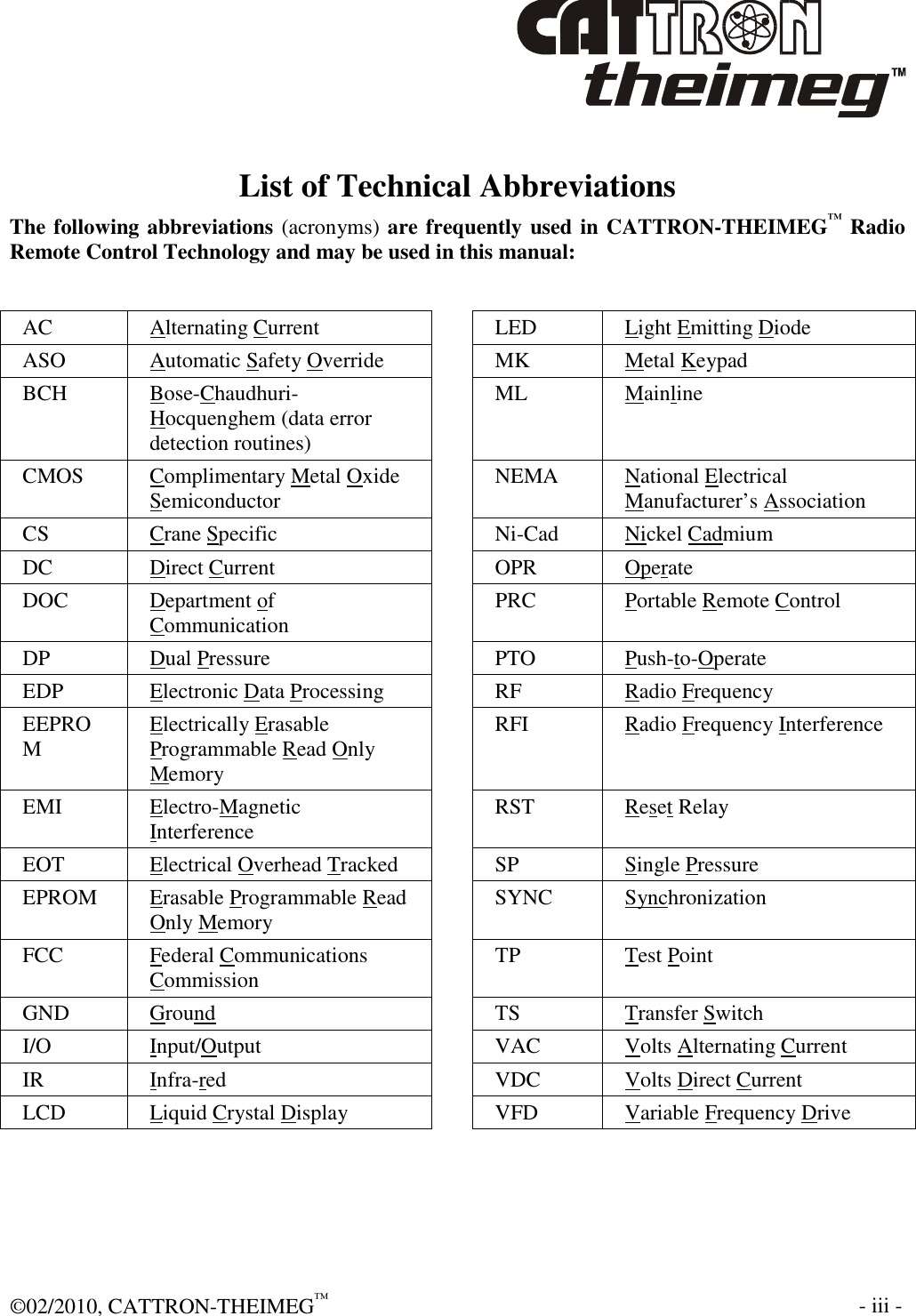  ©02/2010, CATTRON-THEIMEG™     - iii -  List of Technical Abbreviations The following abbreviations (acronyms) are frequently used in CATTRON-THEIMEG™ Radio Remote Control Technology and may be used in this manual:   AC  Alternating Current    LED  Light Emitting Diode ASO  Automatic Safety Override   MK  Metal Keypad BCH  Bose-Chaudhuri-Hocquenghem (data error detection routines)   ML  Mainline CMOS  Complimentary Metal Oxide Semiconductor    NEMA  National Electrical Manufacturer’s Association CS  Crane Specific    Ni-Cad  Nickel Cadmium DC  Direct Current    OPR  Operate DOC  Department of Communication    PRC  Portable Remote Control DP  Dual Pressure    PTO  Push-to-Operate  EDP  Electronic Data Processing    RF  Radio Frequency EEPROM  Electrically Erasable Programmable Read Only Memory   RFI  Radio Frequency Interference EMI  Electro-Magnetic Interference    RST  Reset Relay EOT  Electrical Overhead Tracked    SP  Single Pressure EPROM  Erasable Programmable Read Only Memory    SYNC  Synchronization FCC  Federal Communications Commission    TP  Test Point GND  Ground    TS  Transfer Switch I/O  Input/Output    VAC  Volts Alternating Current  IR   Infra-red    VDC  Volts Direct Current  LCD  Liquid Crystal Display    VFD  Variable Frequency Drive  