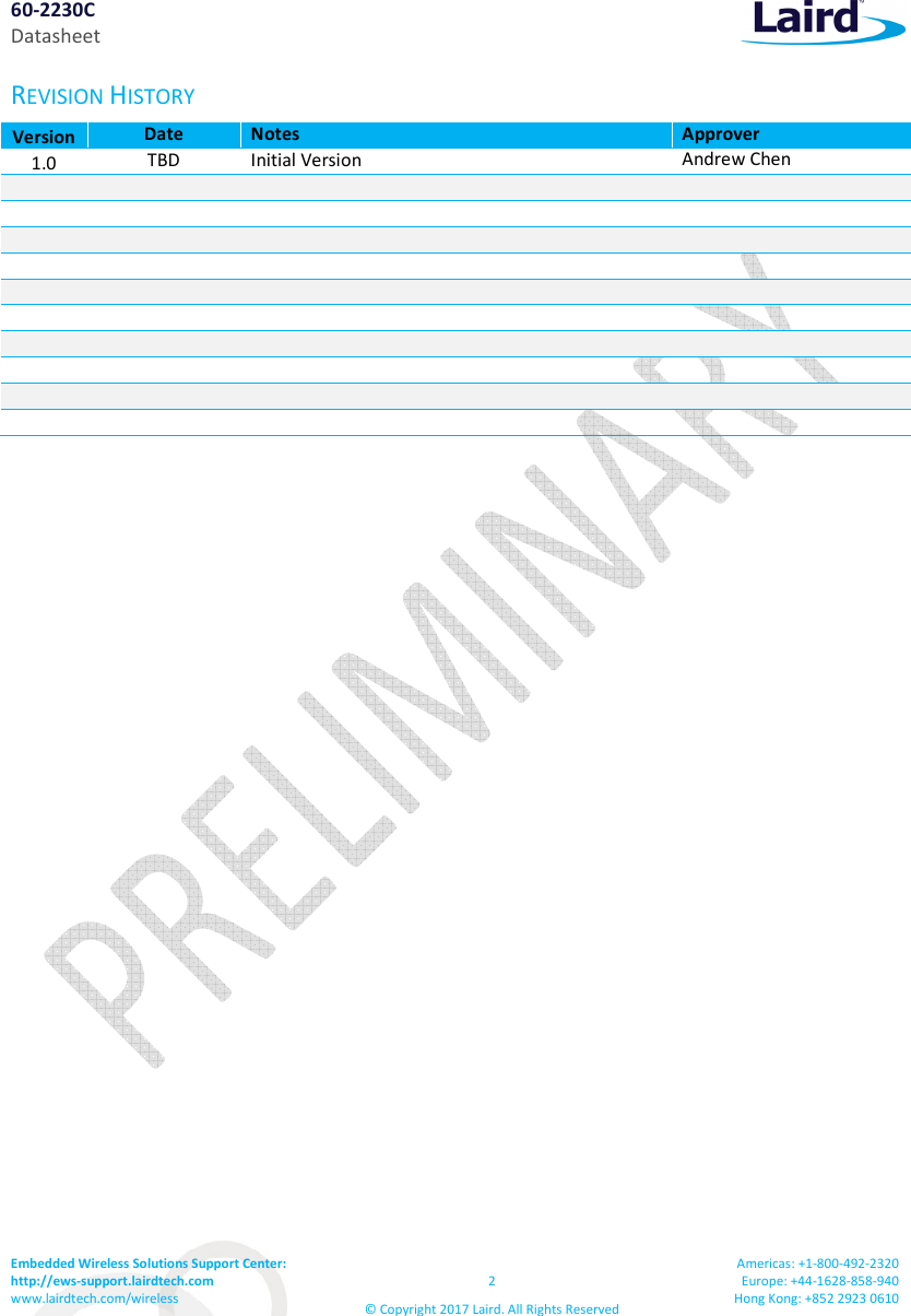 60-2230C Datasheet Embedded Wireless Solutions Support Center: http://ews-support.lairdtech.com www.lairdtech.com/wireless 2 © Copyright 2017 Laird. All Rights Reserved Americas: +1-800-492-2320 Europe: +44-1628-858-940 Hong Kong: +852 2923 0610 REVISION HISTORY Version Date Notes Approver 1.0 TBD Initial Version Andrew Chen