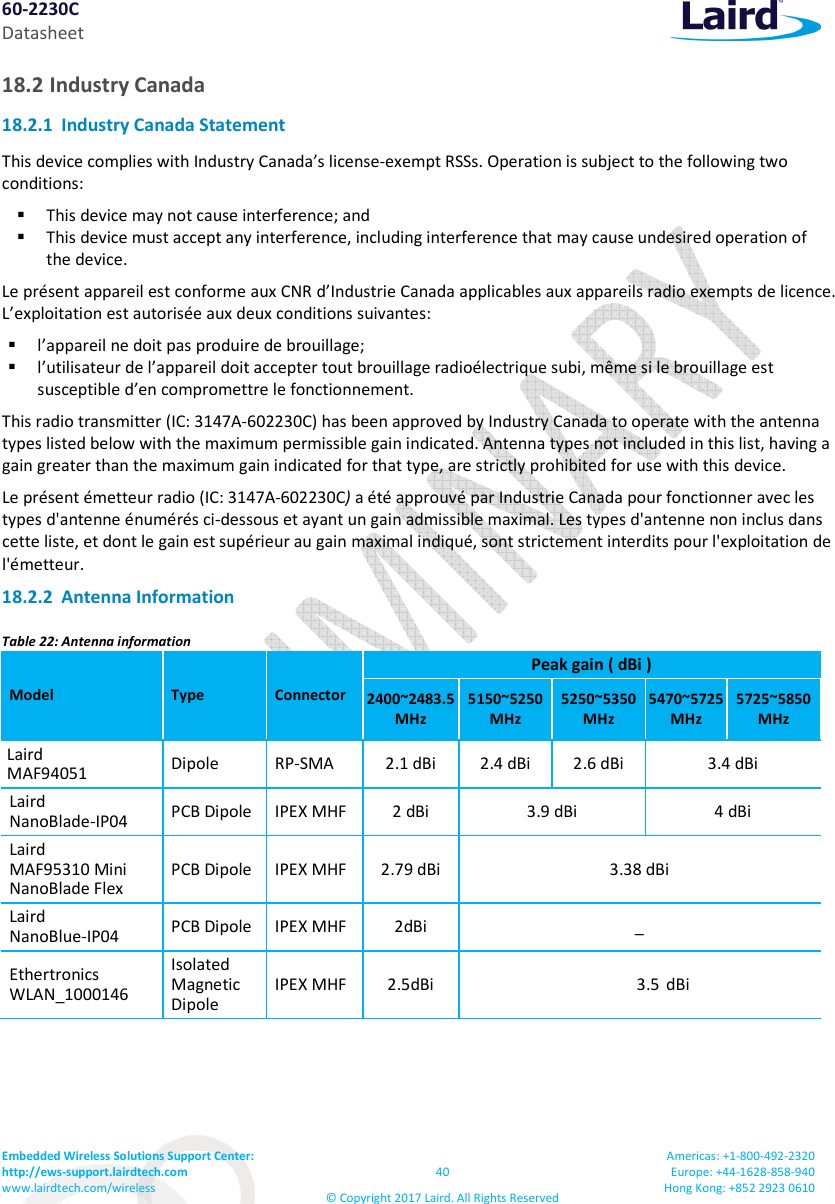 60-2230C Datasheet Embedded Wireless Solutions Support Center: http://ews-support.lairdtech.com www.lairdtech.com/wireless 40 © Copyright 2017 Laird. All Rights Reserved Americas: +1-800-492-2320 Europe: +44-1628-858-940 Hong Kong: +852 2923 0610 18.2 Industry Canada 18.2.1 Industry Canada Statement This device complies with Industry Canada’s license-exempt RSSs. Operation is subject to the following two conditions: This device may not cause interference; and This device must accept any interference, including interference that may cause undesired operation of the device. Le présent appareil est conforme aux CNR d’Industrie Canada applicables aux appareils radio exempts de licence. L’exploitation est autorisée aux deux conditions suivantes: l’appareil ne doit pas produire de brouillage; l’utilisateur de l’appareil doit accepter tout brouillage radioélectrique subi, même si le brouillage est susceptible d’en compromettre le fonctionnement. This radio transmitter (IC: 3147A-602230C) has been approved by Industry Canada to operate with the antenna types listed below with the maximum permissible gain indicated. Antenna types not included in this list, having a gain greater than the maximum gain indicated for that type, are strictly prohibited for use with this device. Le présent émetteur radio (IC: 3147A-602230C) a été approuvé par Industrie Canada pour fonctionner avec les types d'antenne énumérés ci-dessous et ayant un gain admissible maximal. Les types d'antenne non inclus dans cette liste, et dont le gain est supérieur au gain maximal indiqué, sont strictement interdits pour l'exploitation de l'émetteur. 18.2.2 Antenna Information Table 22: Antenna information Model Type Connector Peak gain ( dBi ) 2400~2483.5MHz 5150~5250MHz 5250~5350MHz 5470~5725MHz 5725~5850MHz Laird MAF94051 Dipole RP-SMA 2.1 dBi 2.4 dBi 2.6 dBi 3.4 dBi Laird NanoBlade-IP04 PCB Dipole IPEX MHF 2 dBi 3.9 dBi 4 dBi Laird MAF95310 Mini NanoBlade Flex PCB Dipole IPEX MHF 2.79 dBi 3.38 dBi Laird NanoBlue-IP04 PCB Dipole IPEX MHF 2dBi _ Ethertronics WLAN_1000146 Isolated Magnetic Dipole IPEX MHF 2.5dBi 3.5 dBi