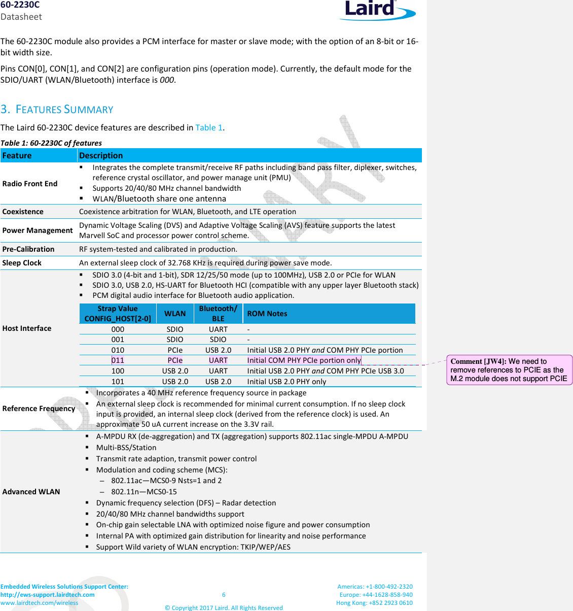 60-2230C Datasheet Embedded Wireless Solutions Support Center:  http://ews-support.lairdtech.com www.lairdtech.com/wireless  6 &copy; Copyright 2017 Laird. All Rights Reserved Americas: +1-800-492-2320 Europe: +44-1628-858-940 Hong Kong: +852 2923 0610  The 60-2230C module also provides a PCM interface for master or slave mode; with the option of an 8-bit or 16-bit width size. Pins CON[0], CON[1], and CON[2] are configuration pins (operation mode). Currently, the default mode for the SDIO/UART (WLAN/Bluetooth) interface is 000.  3. FEATURES SUMMARY The Laird 60-2230C device features are described in Table 1. Table 1: 60-2230C of features Feature  Description Radio Front End  Integrates the complete transmit/receive RF paths including band pass filter, diplexer, switches, reference crystal oscillator, and power manage unit (PMU)  Supports 20/40/80 MHz channel bandwidth  WLAN/Bluetooth share one antenna Coexistence   Coexistence arbitration for WLAN, Bluetooth, and LTE operation Power Management Dynamic Voltage Scaling (DVS) and Adaptive Voltage Scaling (AVS) feature supports the latest Marvell SoC and processor power control scheme. Pre-Calibration  RF system-tested and calibrated in production. Sleep Clock  An external sleep clock of 32.768 KHz is required during power save mode. Host Interface   SDIO 3.0 (4-bit and 1-bit), SDR 12/25/50 mode (up to 100MHz), USB 2.0 or PCIe for WLAN   SDIO 3.0, USB 2.0, HS-UART for Bluetooth HCI (compatible with any upper layer Bluetooth stack)  PCM digital audio interface for Bluetooth audio application. Strap Value CONFIG_HOST[2-0] WLAN  Bluetooth/BLE ROM Notes 000 SDIO UART - 001 SDIO SDIO - 010 PCIe USB 2.0 Initial USB 2.0 PHY and COM PHY PCIe portion 011 PCIe UART Initial COM PHY PCIe portion only 100 USB 2.0 UART Initial USB 2.0 PHY and COM PHY PCIe USB 3.0 101 USB 2.0 USB 2.0 Initial USB 2.0 PHY only  Reference Frequency  Incorporates a 40 MHz reference frequency source in package  An external sleep clock is recommended for minimal current consumption. If no sleep clock input is provided, an internal sleep clock (derived from the reference clock) is used. An approximate 50 uA current increase on the 3.3V rail. Advanced WLAN  A-MPDU RX (de-aggregation) and TX (aggregation) supports 802.11ac single-MPDU A-MPDU  Multi-BSS/Station  Transmit rate adaption, transmit power control  Modulation and coding scheme (MCS):  &ndash; 802.11ac&mdash;MCS0-9 Nsts=1 and 2 &ndash; 802.11n&mdash;MCS0-15  Dynamic frequency selection (DFS) &ndash; Radar detection  20/40/80 MHz channel bandwidths support  On-chip gain selectable LNA with optimized noise figure and power consumption  Internal PA with optimized gain distribution for linearity and noise performance  Support Wild variety of WLAN encryption: TKIP/WEP/AES  Comment [JW4]: We need to remove references to PCIE as the M.2 module does not support PCIE 