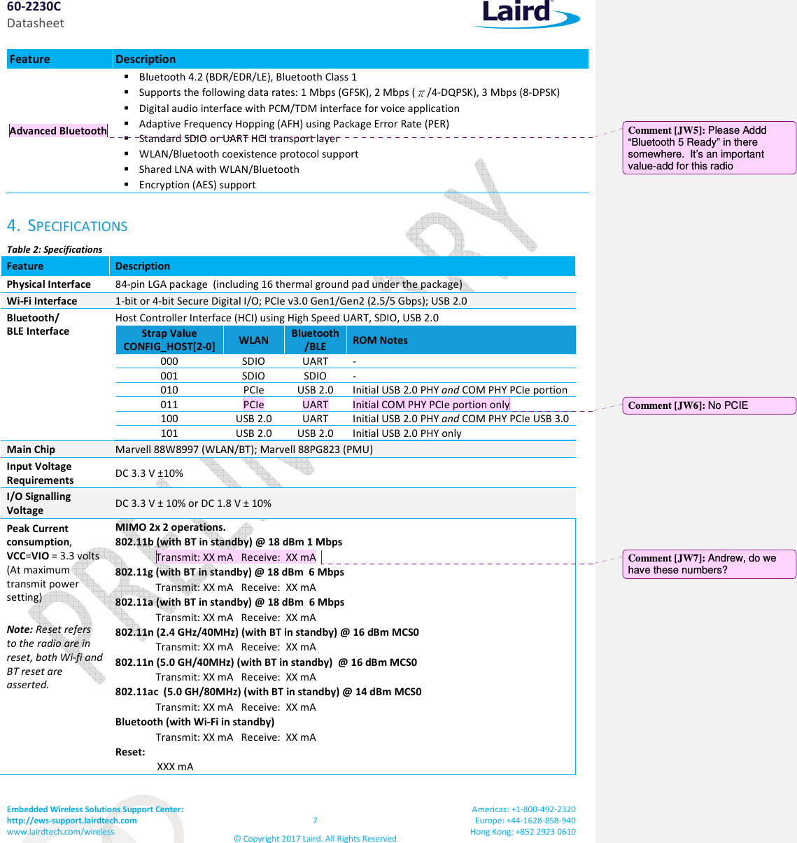 60-2230C Datasheet Embedded Wireless Solutions Support Center:  http://ews-support.lairdtech.com www.lairdtech.com/wireless  7 &copy; Copyright 2017 Laird. All Rights Reserved Americas: +1-800-492-2320 Europe: +44-1628-858-940 Hong Kong: +852 2923 0610  Feature  Description Advanced Bluetooth  Bluetooth 4.2 (BDR/EDR/LE), Bluetooth Class 1   Supports the following data rates: 1 Mbps (GFSK), 2 Mbps ( /4-DQPSK), 3 Mbps (8-DPSK)  Digital audio interface with PCM/TDM interface for voice application  Adaptive Frequency Hopping (AFH) using Package Error Rate (PER)  Standard SDIO or UART HCI transport layer  WLAN/Bluetooth coexistence protocol support  Shared LNA with WLAN/Bluetooth  Encryption (AES) support 4. SPECIFICATIONS Table 2: Specifications Feature  Description Physical Interface  84-pin LGA package  (including 16 thermal ground pad under the package) Wi-Fi Interface  1-bit or 4-bit Secure Digital I/O; PCIe v3.0 Gen1/Gen2 (2.5/5 Gbps); USB 2.0 Bluetooth/ BLE Interface Host Controller Interface (HCI) using High Speed UART, SDIO, USB 2.0 Strap Value CONFIG_HOST[2-0] WLAN  Bluetooth/BLE ROM Notes 000 SDIO UART - 001 SDIO SDIO - 010 PCIe USB 2.0 Initial USB 2.0 PHY and COM PHY PCIe portion 011 PCIe UART Initial COM PHY PCIe portion only 100 USB 2.0 UART Initial USB 2.0 PHY and COM PHY PCIe USB 3.0 101 USB 2.0 USB 2.0 Initial USB 2.0 PHY only  Main Chip   Marvell 88W8997 (WLAN/BT); Marvell 88PG823 (PMU) Input Voltage Requirements  DC 3.3 V &plusmn;10% I/O Signalling Voltage  DC 3.3 V &plusmn; 10% or DC 1.8 V &plusmn; 10% Peak Current consumption, VCC=VIO = 3.3 volts (At maximum transmit power setting)  Note: Reset refers to the radio are in reset, both Wi-fi and BT reset are asserted.   MIMO 2x 2 operations. 802.11b (with BT in standby) @ 18 dBm 1 Mbps  Transmit: XX mA   Receive:  XX mA   802.11g (with BT in standby) @ 18 dBm  6 Mbps Transmit: XX mA   Receive:  XX mA   802.11a (with BT in standby) @ 18 dBm  6 Mbps Transmit: XX mA   Receive:  XX mA   802.11n (2.4 GHz/40MHz) (with BT in standby) @ 16 dBm MCS0 Transmit: XX mA   Receive:  XX mA   802.11n (5.0 GH/40MHz) (with BT in standby)  @ 16 dBm MCS0 Transmit: XX mA   Receive:  XX mA   802.11ac  (5.0 GH/80MHz) (with BT in standby) @ 14 dBm MCS0 Transmit: XX mA   Receive:  XX mA   Bluetooth (with Wi-Fi in standby) Transmit: XX mA   Receive:  XX mA   Reset:                 XXX mA Comment [JW5]: Please Addd &ldquo;Bluetooth 5 Ready&rdquo; in there somewhere.  It&rsquo;s an important value-add for this radio Comment [JW6]: No PCIE Comment [JW7]: Andrew, do we have these numbers? 