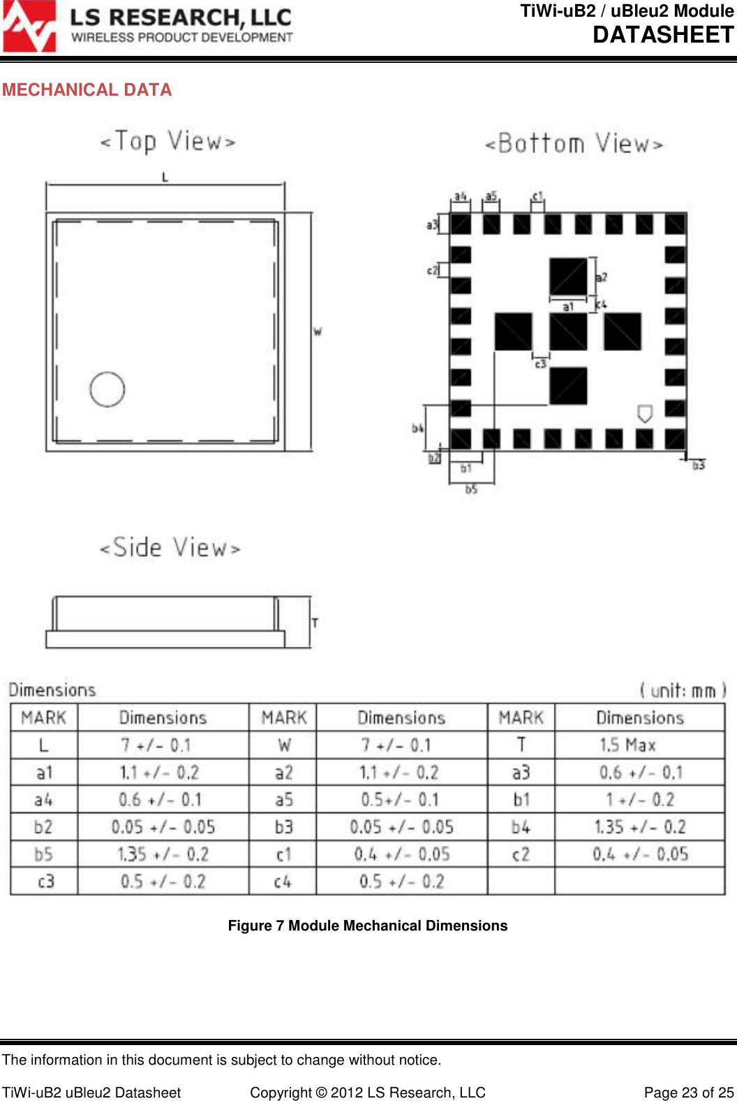 TiWi-uB2 / uBleu2 Module DATASHEET  The information in this document is subject to change without notice.  TiWi-uB2 uBleu2 Datasheet  Copyright &copy; 2012 LS Research, LLC  Page 23 of 25 MECHANICAL DATA  Figure 7 Module Mechanical Dimensions 