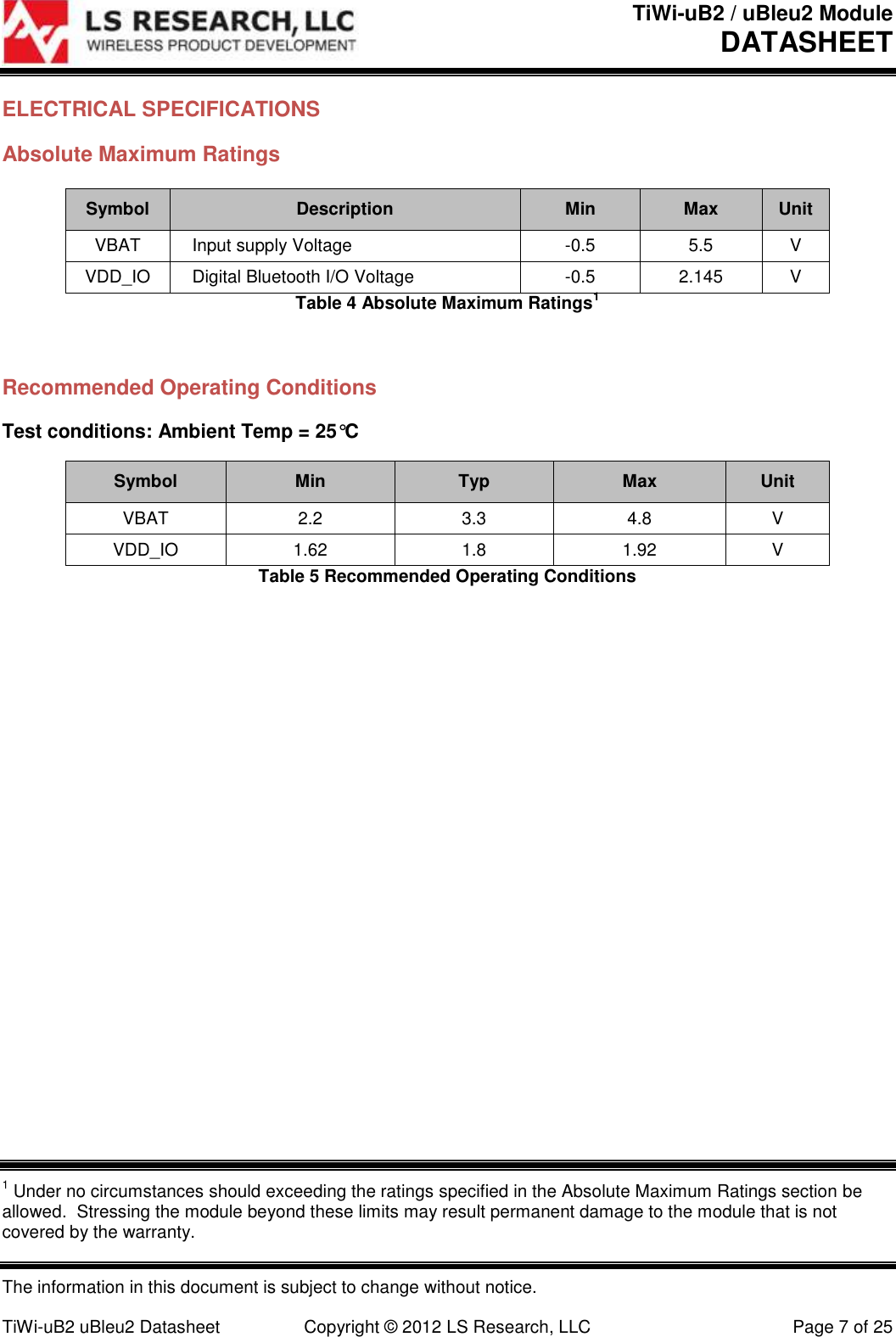 TiWi-uB2 / uBleu2 Module DATASHEET  The information in this document is subject to change without notice.  TiWi-uB2 uBleu2 Datasheet  Copyright &copy; 2012 LS Research, LLC  Page 7 of 25 ELECTRICAL SPECIFICATIONS Absolute Maximum Ratings Symbol Description Min Max Unit VBAT Input supply Voltage -0.5 5.5 V VDD_IO Digital Bluetooth I/O Voltage -0.5 2.145 V Table 4 Absolute Maximum Ratings1  Recommended Operating Conditions Test conditions: Ambient Temp = 25&deg;C Symbol Min Typ Max Unit VBAT 2.2 3.3 4.8 V VDD_IO 1.62 1.8 1.92 V Table 5 Recommended Operating Conditions     1 Under no circumstances should exceeding the ratings specified in the Absolute Maximum Ratings section be allowed.  Stressing the module beyond these limits may result permanent damage to the module that is not covered by the warranty. 