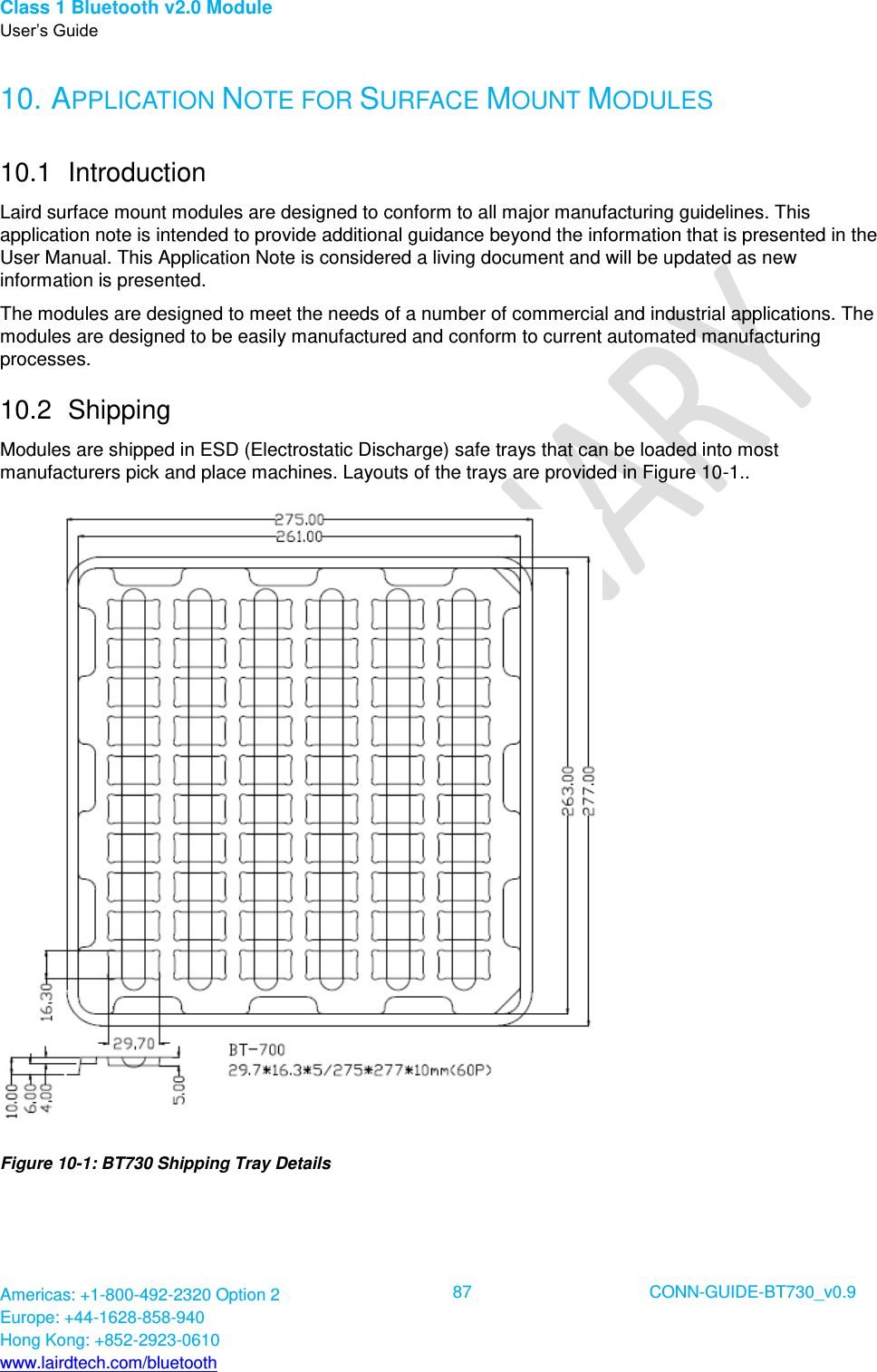 Class 1 Bluetooth v2.0 Module User’s Guide Americas: +1-800-492-2320 Option 2 Europe: +44-1628-858-940 Hong Kong: +852-2923-0610 www.lairdtech.com/bluetooth  87 CONN-GUIDE-BT730_v0.9  10. APPLICATION NOTE FOR SURFACE MOUNT MODULES 10.1  Introduction Laird surface mount modules are designed to conform to all major manufacturing guidelines. This application note is intended to provide additional guidance beyond the information that is presented in the User Manual. This Application Note is considered a living document and will be updated as new information is presented. The modules are designed to meet the needs of a number of commercial and industrial applications. The modules are designed to be easily manufactured and conform to current automated manufacturing processes. 10.2  Shipping Modules are shipped in ESD (Electrostatic Discharge) safe trays that can be loaded into most manufacturers pick and place machines. Layouts of the trays are provided in Figure 10-1..  Figure 10-1: BT730 Shipping Tray Details 