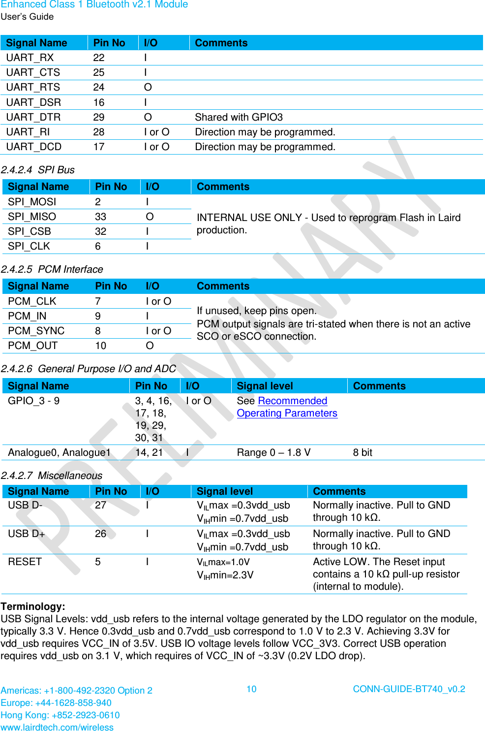 Enhanced Class 1 Bluetooth v2.1 Module User’s Guide Americas: +1-800-492-2320 Option 2 Europe: +44-1628-858-940 Hong Kong: +852-2923-0610 www.lairdtech.com/wireless  10 CONN-GUIDE-BT740_v0.2  Signal Name Pin No I/O Comments UART_RX 22 I  UART_CTS 25 I  UART_RTS 24 O  UART_DSR 16 I  UART_DTR 29 O Shared with GPIO3 UART_RI 28 I or O Direction may be programmed. UART_DCD 17 I or O Direction may be programmed. 2.4.2.4  SPI Bus Signal Name Pin No I/O Comments SPI_MOSI 2 I INTERNAL USE ONLY - Used to reprogram Flash in Laird production. SPI_MISO 33 O SPI_CSB 32 I SPI_CLK 6 I 2.4.2.5  PCM Interface Signal Name Pin No I/O Comments PCM_CLK 7 I or O If unused, keep pins open. PCM output signals are tri-stated when there is not an active SCO or eSCO connection. PCM_IN 9 I PCM_SYNC 8 I or O PCM_OUT 10 O 2.4.2.6  General Purpose I/O and ADC Signal Name Pin No I/O Signal level Comments GPIO_3 - 9 3, 4, 16, 17, 18, 19, 29, 30, 31 I or O See Recommended Operating Parameters  Analogue0, Analogue1 14, 21 I Range 0 – 1.8 V 8 bit 2.4.2.7  Miscellaneous Signal Name Pin No I/O Signal level Comments USB D- 27 I VILmax =0.3vdd_usb VIHmin =0.7vdd_usb Normally inactive. Pull to GND through 10 kΩ. USB D+ 26 I VILmax =0.3vdd_usb VIHmin =0.7vdd_usb Normally inactive. Pull to GND through 10 kΩ. RESET 5 I VILmax=1.0V VIHmin=2.3V Active LOW. The Reset input contains a 10 kΩ pull-up resistor (internal to module). Terminology: USB Signal Levels: vdd_usb refers to the internal voltage generated by the LDO regulator on the module, typically 3.3 V. Hence 0.3vdd_usb and 0.7vdd_usb correspond to 1.0 V to 2.3 V. Achieving 3.3V for vdd_usb requires VCC_IN of 3.5V. USB IO voltage levels follow VCC_3V3. Correct USB operation requires vdd_usb on 3.1 V, which requires of VCC_IN of ~3.3V (0.2V LDO drop). 