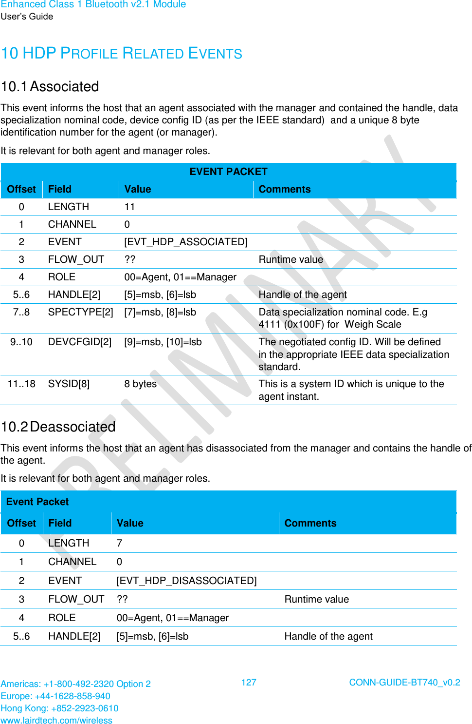 Enhanced Class 1 Bluetooth v2.1 Module User’s Guide Americas: +1-800-492-2320 Option 2 Europe: +44-1628-858-940 Hong Kong: +852-2923-0610 www.lairdtech.com/wireless  127 CONN-GUIDE-BT740_v0.2  10 HDP PROFILE RELATED EVENTS 10.1 Associated This event informs the host that an agent associated with the manager and contained the handle, data specialization nominal code, device config ID (as per the IEEE standard)  and a unique 8 byte identification number for the agent (or manager). It is relevant for both agent and manager roles. EVENT PACKET Offset Field Value Comments 0 LENGTH 11  1 CHANNEL 0  2 EVENT [EVT_HDP_ASSOCIATED]  3 FLOW_OUT ?? Runtime value 4 ROLE 00=Agent, 01==Manager  5..6 HANDLE[2] [5]=msb, [6]=lsb Handle of the agent 7..8 SPECTYPE[2] [7]=msb, [8]=lsb Data specialization nominal code. E.g 4111 (0x100F) for  Weigh Scale 9..10 DEVCFGID[2] [9]=msb, [10]=lsb The negotiated config ID. Will be defined in the appropriate IEEE data specialization standard. 11..18 SYSID[8] 8 bytes This is a system ID which is unique to the agent instant. 10.2 Deassociated This event informs the host that an agent has disassociated from the manager and contains the handle of the agent. It is relevant for both agent and manager roles. Event Packet Offset Field Value Comments 0 LENGTH 7  1 CHANNEL 0  2 EVENT [EVT_HDP_DISASSOCIATED]  3 FLOW_OUT ?? Runtime value 4 ROLE 00=Agent, 01==Manager  5..6 HANDLE[2] [5]=msb, [6]=lsb Handle of the agent 