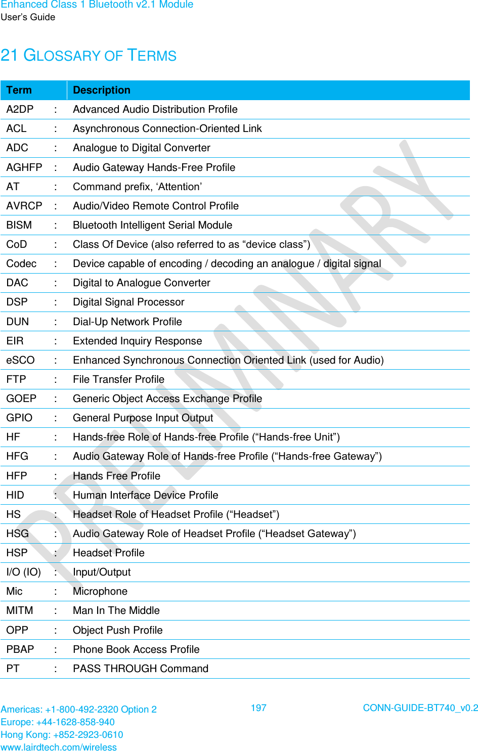 Enhanced Class 1 Bluetooth v2.1 Module User’s Guide Americas: +1-800-492-2320 Option 2 Europe: +44-1628-858-940 Hong Kong: +852-2923-0610 www.lairdtech.com/wireless  197 CONN-GUIDE-BT740_v0.2  21 GLOSSARY OF TERMS Term  Description A2DP : Advanced Audio Distribution Profile ACL :  Asynchronous Connection-Oriented Link ADC : Analogue to Digital Converter AGHFP : Audio Gateway Hands-Free Profile AT : Command prefix, ‘Attention’ AVRCP : Audio/Video Remote Control Profile BISM : Bluetooth Intelligent Serial Module CoD :  Class Of Device (also referred to as “device class”) Codec : Device capable of encoding / decoding an analogue / digital signal DAC : Digital to Analogue Converter DSP : Digital Signal Processor DUN : Dial-Up Network Profile EIR : Extended Inquiry Response eSCO : Enhanced Synchronous Connection Oriented Link (used for Audio) FTP : File Transfer Profile GOEP : Generic Object Access Exchange Profile GPIO : General Purpose Input Output HF : Hands-free Role of Hands-free Profile (“Hands-free Unit”) HFG : Audio Gateway Role of Hands-free Profile (“Hands-free Gateway”) HFP : Hands Free Profile HID : Human Interface Device Profile HS : Headset Role of Headset Profile (“Headset”) HSG : Audio Gateway Role of Headset Profile (“Headset Gateway”) HSP : Headset Profile I/O (IO) : Input/Output Mic : Microphone MITM : Man In The Middle OPP : Object Push Profile PBAP : Phone Book Access Profile PT : PASS THROUGH Command 