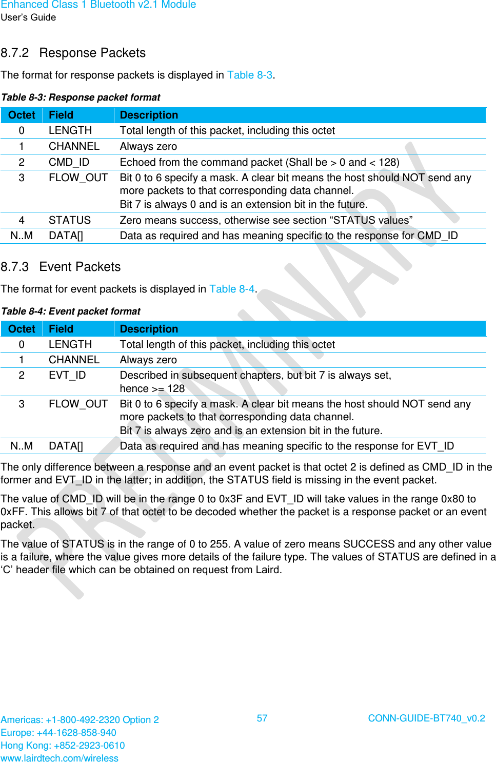Enhanced Class 1 Bluetooth v2.1 Module User’s Guide Americas: +1-800-492-2320 Option 2 Europe: +44-1628-858-940 Hong Kong: +852-2923-0610 www.lairdtech.com/wireless  57 CONN-GUIDE-BT740_v0.2  8.7.2  Response Packets  The format for response packets is displayed in Table 8-3. Table 8-3: Response packet format Octet Field Description 0 LENGTH Total length of this packet, including this octet 1 CHANNEL Always zero 2 CMD_ID Echoed from the command packet (Shall be &gt; 0 and &lt; 128) 3 FLOW_OUT Bit 0 to 6 specify a mask. A clear bit means the host should NOT send any more packets to that corresponding data channel. Bit 7 is always 0 and is an extension bit in the future. 4 STATUS Zero means success, otherwise see section “STATUS values” N..M DATA[] Data as required and has meaning specific to the response for CMD_ID 8.7.3  Event Packets  The format for event packets is displayed in Table 8-4. Table 8-4: Event packet format Octet Field Description 0 LENGTH Total length of this packet, including this octet 1 CHANNEL Always zero 2 EVT_ID Described in subsequent chapters, but bit 7 is always set,  hence &gt;= 128 3 FLOW_OUT Bit 0 to 6 specify a mask. A clear bit means the host should NOT send any more packets to that corresponding data channel. Bit 7 is always zero and is an extension bit in the future. N..M DATA[] Data as required and has meaning specific to the response for EVT_ID The only difference between a response and an event packet is that octet 2 is defined as CMD_ID in the former and EVT_ID in the latter; in addition, the STATUS field is missing in the event packet.  The value of CMD_ID will be in the range 0 to 0x3F and EVT_ID will take values in the range 0x80 to 0xFF. This allows bit 7 of that octet to be decoded whether the packet is a response packet or an event packet. The value of STATUS is in the range of 0 to 255. A value of zero means SUCCESS and any other value is a failure, where the value gives more details of the failure type. The values of STATUS are defined in a ‘C’ header file which can be obtained on request from Laird.   