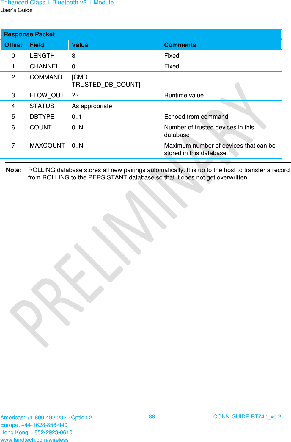 Enhanced Class 1 Bluetooth v2.1 Module User’s Guide Americas: +1-800-492-2320 Option 2 Europe: +44-1628-858-940 Hong Kong: +852-2923-0610 www.lairdtech.com/wireless  88 CONN-GUIDE-BT740_v0.2   Response Packet Offset Field Value Comments 0 LENGTH 8 Fixed 1 CHANNEL 0 Fixed 2 COMMAND [CMD_ TRUSTED_DB_COUNT]  3 FLOW_OUT ?? Runtime value 4 STATUS As appropriate  5 DBTYPE 0..1 Echoed from command 6 COUNT 0..N Number of trusted devices in this database 7 MAXCOUNT 0..N Maximum number of devices that can be stored in this database Note:  ROLLING database stores all new pairings automatically. It is up to the host to transfer a record from ROLLING to the PERSISTANT database so that it does not get overwritten. 