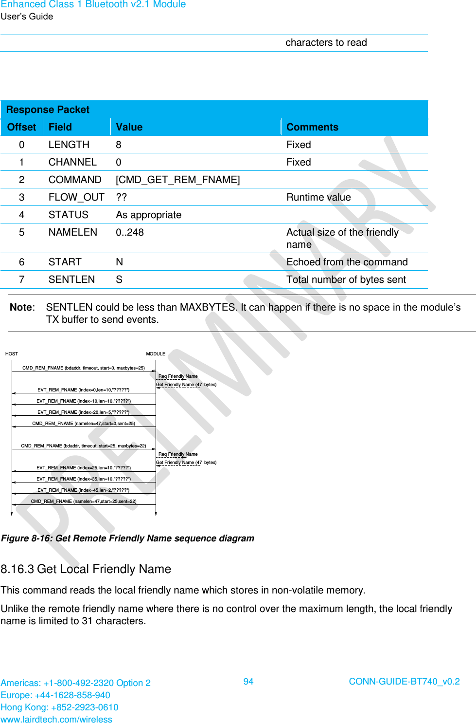 Enhanced Class 1 Bluetooth v2.1 Module User’s Guide Americas: +1-800-492-2320 Option 2 Europe: +44-1628-858-940 Hong Kong: +852-2923-0610 www.lairdtech.com/wireless  94 CONN-GUIDE-BT740_v0.2  characters to read     Response Packet Offset Field Value Comments 0 LENGTH 8 Fixed 1 CHANNEL 0 Fixed 2 COMMAND [CMD_GET_REM_FNAME]  3 FLOW_OUT ?? Runtime value 4 STATUS As appropriate  5 NAMELEN 0..248 Actual size of the friendly name 6 START N Echoed from the command 7 SENTLEN S Total number of bytes sent Note:  SENTLEN could be less than MAXBYTES. It can happen if there is no space in the module’s TX buffer to send events. HOST MODULEReq Friendly NameEVT_REM_FNAME (index=0,len=10,&quot;?????&quot;)CMD_REM_FNAME (bdaddr, timeout, start=0, maxbytes=25)EVT_REM_FNAME (index=10,len=10,&quot;?????&quot;)EVT_REM_FNAME (index=20,len=5,&quot;?????&quot;)Got Friendly Name (47  bytes)CMD_REM_FNAME (namelen=47,start=0,sent=25)CMD_REM_FNAME (bdaddr, timeout, start=25, maxbytes=22)Req Friendly NameGot Friendly Name (47  bytes)EVT_REM_FNAME (index=25,len=10,&quot;?????&quot;)EVT_REM_FNAME (index=35,len=10,&quot;?????&quot;)EVT_REM_FNAME (index=45,len=2,&quot;?????&quot;)CMD_REM_FNAME (namelen=47,start=25,sent=22) Figure 8-16: Get Remote Friendly Name sequence diagram 8.16.3 Get Local Friendly Name  This command reads the local friendly name which stores in non-volatile memory. Unlike the remote friendly name where there is no control over the maximum length, the local friendly name is limited to 31 characters. 