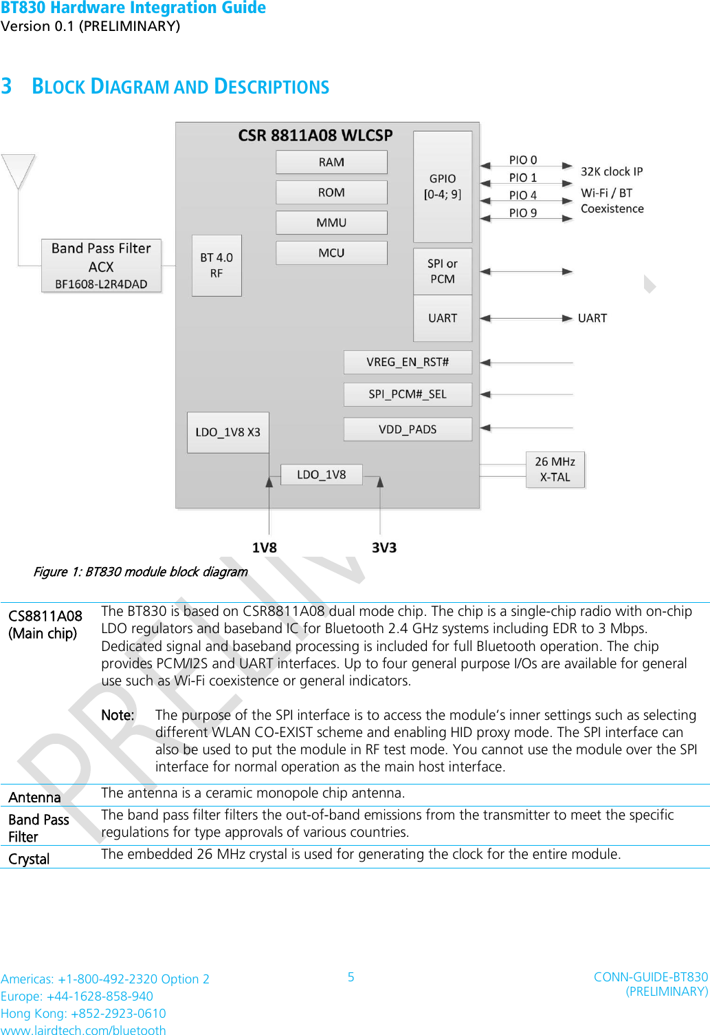 BT830 Hardware Integration Guide   Version 0.1 (PRELIMINARY)   Americas: +1-800-492-2320 Option 2 Europe: +44-1628-858-940 Hong Kong: +852-2923-0610 www.lairdtech.com/bluetooth 5 CONN-GUIDE-BT830 (PRELIMINARY)     3 BLOCK DIAGRAM AND DESCRIPTIONS  Figure 1: BT830 module block diagram CS8811A08 (Main chip) The BT830 is based on CSR8811A08 dual mode chip. The chip is a single-chip radio with on-chip LDO regulators and baseband IC for Bluetooth 2.4 GHz systems including EDR to 3 Mbps. Dedicated signal and baseband processing is included for full Bluetooth operation. The chip provides PCM/I2S and UART interfaces. Up to four general purpose I/Os are available for general use such as Wi-Fi coexistence or general indicators.  Note:    The purpose of the SPI interface is to access the module’s inner settings such as selecting different WLAN CO-EXIST scheme and enabling HID proxy mode. The SPI interface can also be used to put the module in RF test mode. You cannot use the module over the SPI interface for normal operation as the main host interface. Antenna The antenna is a ceramic monopole chip antenna.   Band Pass   Filter The band pass filter filters the out-of-band emissions from the transmitter to meet the specific regulations for type approvals of various countries. Crystal The embedded 26 MHz crystal is used for generating the clock for the entire module.    