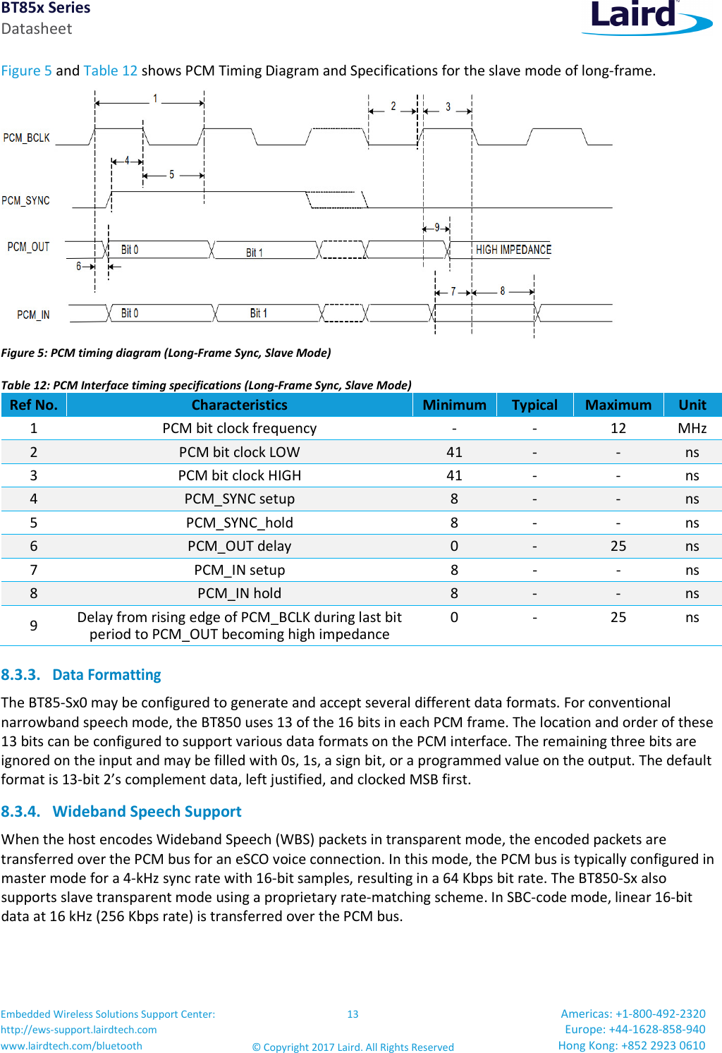 BT85x Series Datasheet Embedded Wireless Solutions Support Center: http://ews-support.lairdtech.com www.lairdtech.com/bluetooth 13 © Copyright 2017 Laird. All Rights Reserved Americas: +1-800-492-2320 Europe: +44-1628-858-940 Hong Kong: +852 2923 0610 Figure 5 and Table 12 shows PCM Timing Diagram and Specifications for the slave mode of long-frame. Figure 5: PCM timing diagram (Long-Frame Sync, Slave Mode) Table 12: PCM Interface timing specifications (Long-Frame Sync, Slave Mode) Ref No. Characteristics Minimum Typical Maximum Unit 1 PCM bit clock frequency - - 12 MHz 2 PCM bit clock LOW 41 - - ns 3 PCM bit clock HIGH 41 - - ns 4 PCM_SYNC setup 8 - - ns 5 PCM_SYNC_hold 8 - - ns 6 PCM_OUT delay 0 - 25 ns 7 PCM_IN setup 8 - - ns 8 PCM_IN hold 8 - - ns 9 Delay from rising edge of PCM_BCLK during last bit period to PCM_OUT becoming high impedance 0 - 25 ns 8.3.3. Data Formatting The BT85-Sx0 may be configured to generate and accept several different data formats. For conventional narrowband speech mode, the BT850 uses 13 of the 16 bits in each PCM frame. The location and order of these 13 bits can be configured to support various data formats on the PCM interface. The remaining three bits are ignored on the input and may be filled with 0s, 1s, a sign bit, or a programmed value on the output. The default format is 13-bit 2’s complement data, left justified, and clocked MSB first. 8.3.4. Wideband Speech Support When the host encodes Wideband Speech (WBS) packets in transparent mode, the encoded packets are transferred over the PCM bus for an eSCO voice connection. In this mode, the PCM bus is typically configured in master mode for a 4-kHz sync rate with 16-bit samples, resulting in a 64 Kbps bit rate. The BT850-Sx also supports slave transparent mode using a proprietary rate-matching scheme. In SBC-code mode, linear 16-bit data at 16 kHz (256 Kbps rate) is transferred over the PCM bus.
