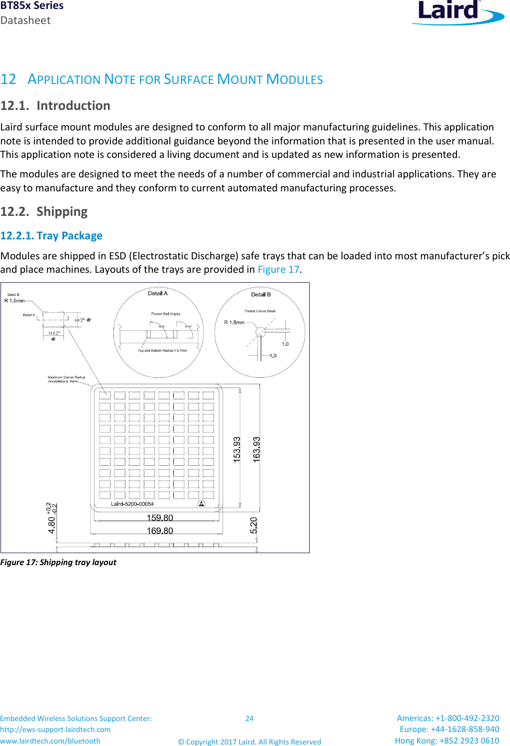 BT85x Series Datasheet Embedded Wireless Solutions Support Center: http://ews-support.lairdtech.com www.lairdtech.com/bluetooth 24 © Copyright 2017 Laird. All Rights Reserved Americas: +1-800-492-2320 Europe: +44-1628-858-940 Hong Kong: +852 2923 0610 12 APPLICATION NOTE FOR SURFACE MOUNT MODULES 12.1. Introduction Laird surface mount modules are designed to conform to all major manufacturing guidelines. This application note is intended to provide additional guidance beyond the information that is presented in the user manual. This application note is considered a living document and is updated as new information is presented. The modules are designed to meet the needs of a number of commercial and industrial applications. They are easy to manufacture and they conform to current automated manufacturing processes. 12.2. Shipping 12.2.1. Tray Package Modules are shipped in ESD (Electrostatic Discharge) safe trays that can be loaded into most manufacturer’s pick and place machines. Layouts of the trays are provided in Figure 17. Figure 17: Shipping tray layout