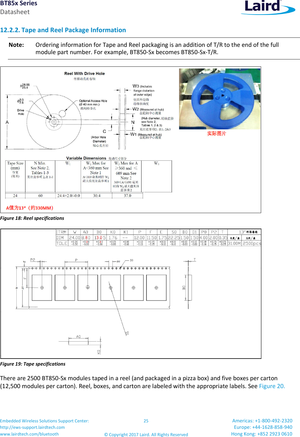 BT85x Series Datasheet Embedded Wireless Solutions Support Center: http://ews-support.lairdtech.com www.lairdtech.com/bluetooth 25 © Copyright 2017 Laird. All Rights Reserved Americas: +1-800-492-2320 Europe: +44-1628-858-940 Hong Kong: +852 2923 0610 12.2.2. Tape and Reel Package Information Note: Ordering information for Tape and Reel packaging is an addition of T/R to the end of the full module part number. For example, BT850-Sx becomes BT850-Sx-T/R. Figure 18: Reel specifications Figure 19: Tape specifications There are 2500 BT850-Sx modules taped in a reel (and packaged in a pizza box) and five boxes per carton (12,500 modules per carton). Reel, boxes, and carton are labeled with the appropriate labels. See Figure 20.