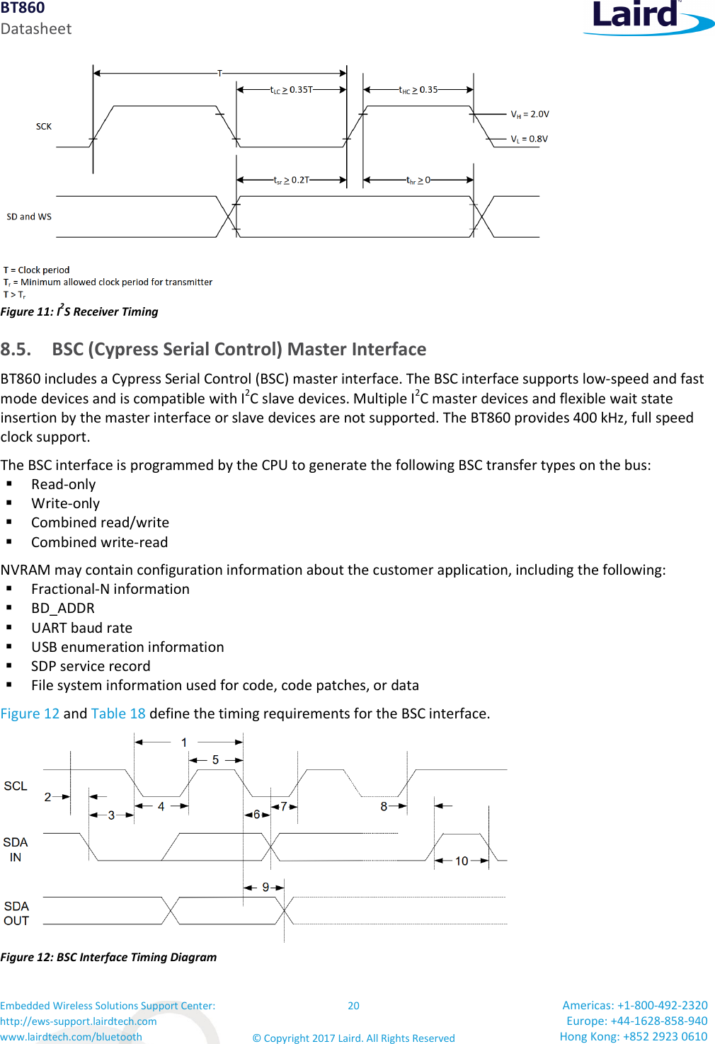 BT860 Datasheet Embedded Wireless Solutions Support Center: http://ews-support.lairdtech.com www.lairdtech.com/bluetooth 20 © Copyright 2017 Laird. All Rights Reserved Americas: +1-800-492-2320 Europe: +44-1628-858-940 Hong Kong: +852 2923 0610 Figure 11: I2S Receiver Timing 8.5. BSC (Cypress Serial Control) Master Interface BT860 includes a Cypress Serial Control (BSC) master interface. The BSC interface supports low-speed and fast mode devices and is compatible with I2C slave devices. Multiple I2C master devices and flexible wait state insertion by the master interface or slave devices are not supported. The BT860 provides 400 kHz, full speed clock support. The BSC interface is programmed by the CPU to generate the following BSC transfer types on the bus: Read-only Write-only Combined read/write Combined write-read NVRAM may contain configuration information about the customer application, including the following: Fractional-N information BD_ADDR UART baud rate USB enumeration information SDP service record File system information used for code, code patches, or data Figure 12 and Table 18 define the timing requirements for the BSC interface. Figure 12: BSC Interface Timing Diagram