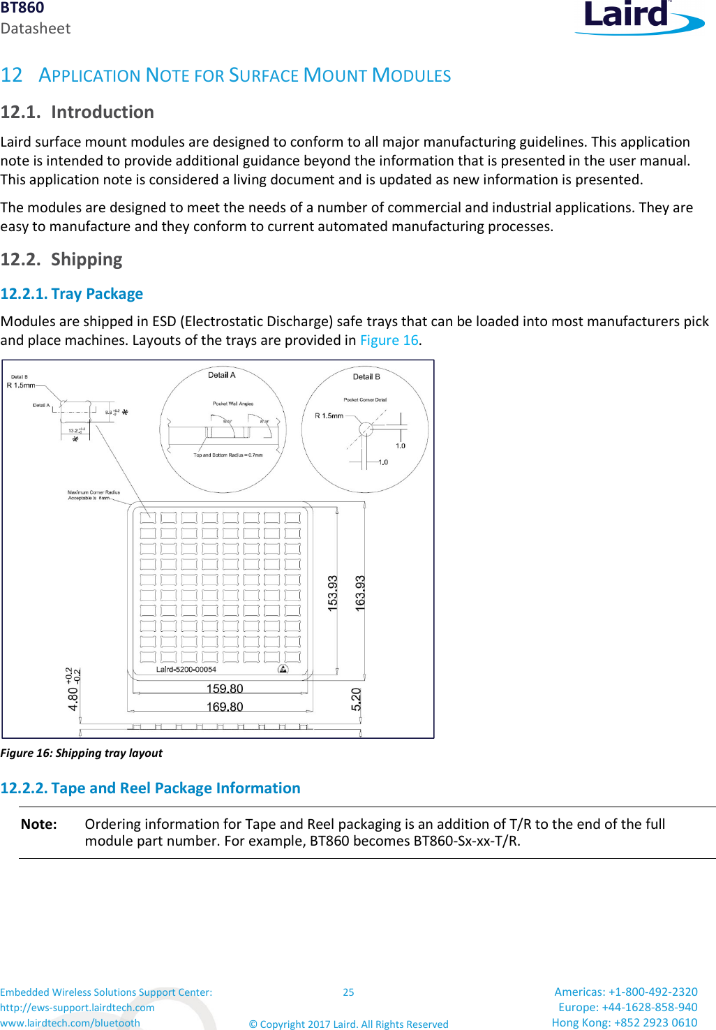 BT860 Datasheet Embedded Wireless Solutions Support Center: http://ews-support.lairdtech.com www.lairdtech.com/bluetooth 25 © Copyright 2017 Laird. All Rights Reserved Americas: +1-800-492-2320 Europe: +44-1628-858-940 Hong Kong: +852 2923 0610 12 APPLICATION NOTE FOR SURFACE MOUNT MODULES 12.1. Introduction Laird surface mount modules are designed to conform to all major manufacturing guidelines. This application note is intended to provide additional guidance beyond the information that is presented in the user manual. This application note is considered a living document and is updated as new information is presented. The modules are designed to meet the needs of a number of commercial and industrial applications. They are easy to manufacture and they conform to current automated manufacturing processes. 12.2. Shipping 12.2.1. Tray Package Modules are shipped in ESD (Electrostatic Discharge) safe trays that can be loaded into most manufacturers pick and place machines. Layouts of the trays are provided in Figure 16. Figure 16: Shipping tray layout 12.2.2. Tape and Reel Package Information Note: Ordering information for Tape and Reel packaging is an addition of T/R to the end of the full module part number. For example, BT860 becomes BT860-Sx-xx-T/R.