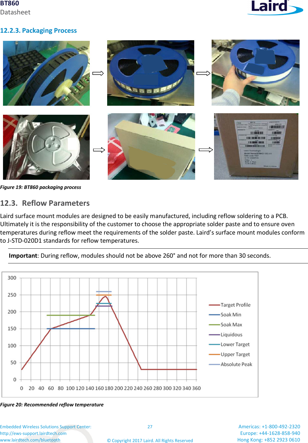BT860 Datasheet Embedded Wireless Solutions Support Center: http://ews-support.lairdtech.com www.lairdtech.com/bluetooth 27 © Copyright 2017 Laird. All Rights Reserved Americas: +1-800-492-2320 Europe: +44-1628-858-940 Hong Kong: +852 2923 0610 12.2.3. Packaging Process Figure 19: BT860 packaging process 12.3. Reflow Parameters Laird surface mount modules are designed to be easily manufactured, including reflow soldering to a PCB. Ultimately it is the responsibility of the customer to choose the appropriate solder paste and to ensure oven temperatures during reflow meet the requirements of the solder paste. Laird’s surface mount modules conform to J-STD-020D1 standards for reflow temperatures. Important: During reflow, modules should not be above 260° and not for more than 30 seconds. Figure 20: Recommended reflow temperature