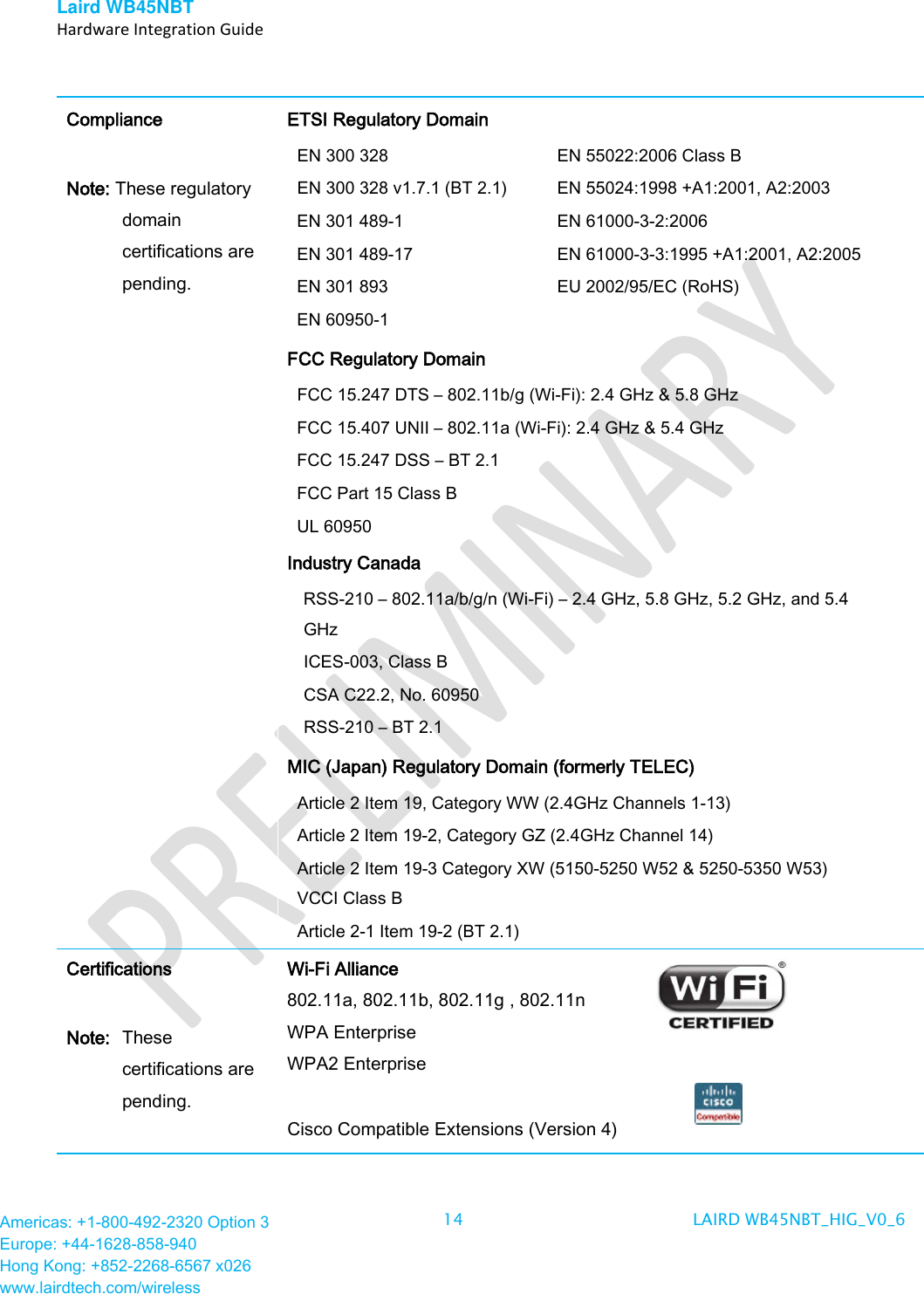 Laird WB45NBT   Hardware Integration Guide  Americas: +1-800-492-2320 Option 3 Europe: +44-1628-858-940 Hong Kong: +852-2268-6567 x026 www.lairdtech.com/wireless 14 LAIRD WB45NBT_HIG_V0_6   Compliance  Note: These regulatory domain certifications are pending. ETSI Regulatory Domain EN 300 328 EN 300 328 v1.7.1 (BT 2.1) EN 301 489-1 EN 301 489-17 EN 301 893 EN 60950-1 EN 55022:2006 Class B EN 55024:1998 +A1:2001, A2:2003 EN 61000-3-2:2006 EN 61000-3-3:1995 +A1:2001, A2:2005 EU 2002/95/EC (RoHS) FCC Regulatory Domain FCC 15.247 DTS – 802.11b/g (Wi-Fi): 2.4 GHz &amp; 5.8 GHz FCC 15.407 UNII – 802.11a (Wi-Fi): 2.4 GHz &amp; 5.4 GHz FCC 15.247 DSS – BT 2.1  FCC Part 15 Class B UL 60950 Industry Canada RSS-210 – 802.11a/b/g/n (Wi-Fi) – 2.4 GHz, 5.8 GHz, 5.2 GHz, and 5.4 GHz ICES-003, Class B CSA C22.2, No. 60950 RSS-210 – BT 2.1  MIC (Japan) Regulatory Domain (formerly TELEC) Article 2 Item 19, Category WW (2.4GHz Channels 1-13) Article 2 Item 19-2, Category GZ (2.4GHz Channel 14) Article 2 Item 19-3 Category XW (5150-5250 W52 &amp; 5250-5350 W53) VCCI Class B Article 2-1 Item 19-2 (BT 2.1)  Certifications  Note:  These certifications are pending.  Wi-Fi Alliance 802.11a, 802.11b, 802.11g , 802.11n WPA Enterprise  WPA2 Enterprise    Cisco Compatible Extensions (Version 4) 