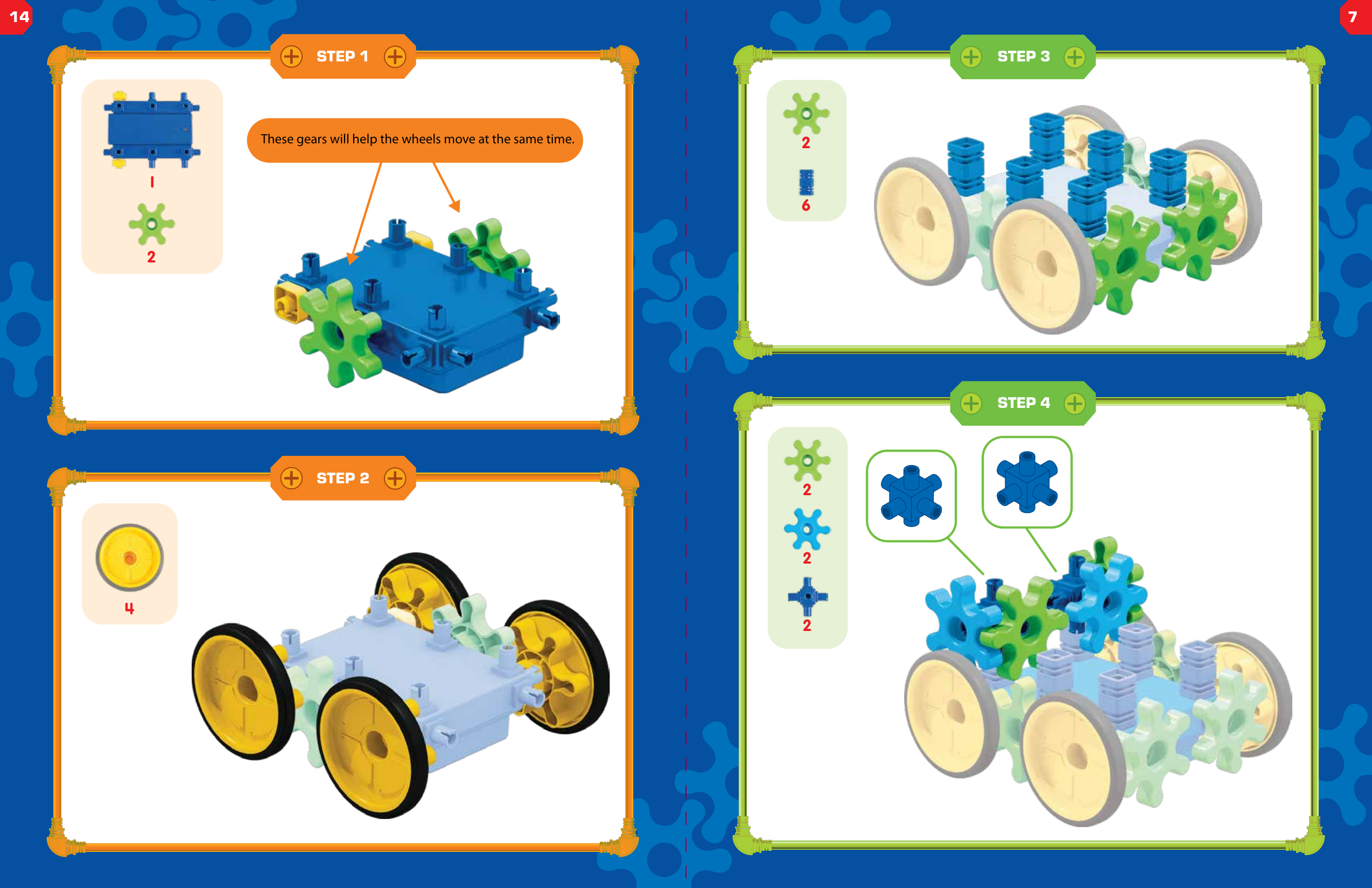 62These gears will help the wheels move at the same time.124222STEP 3STEP 4STEP 1STEP 214 7