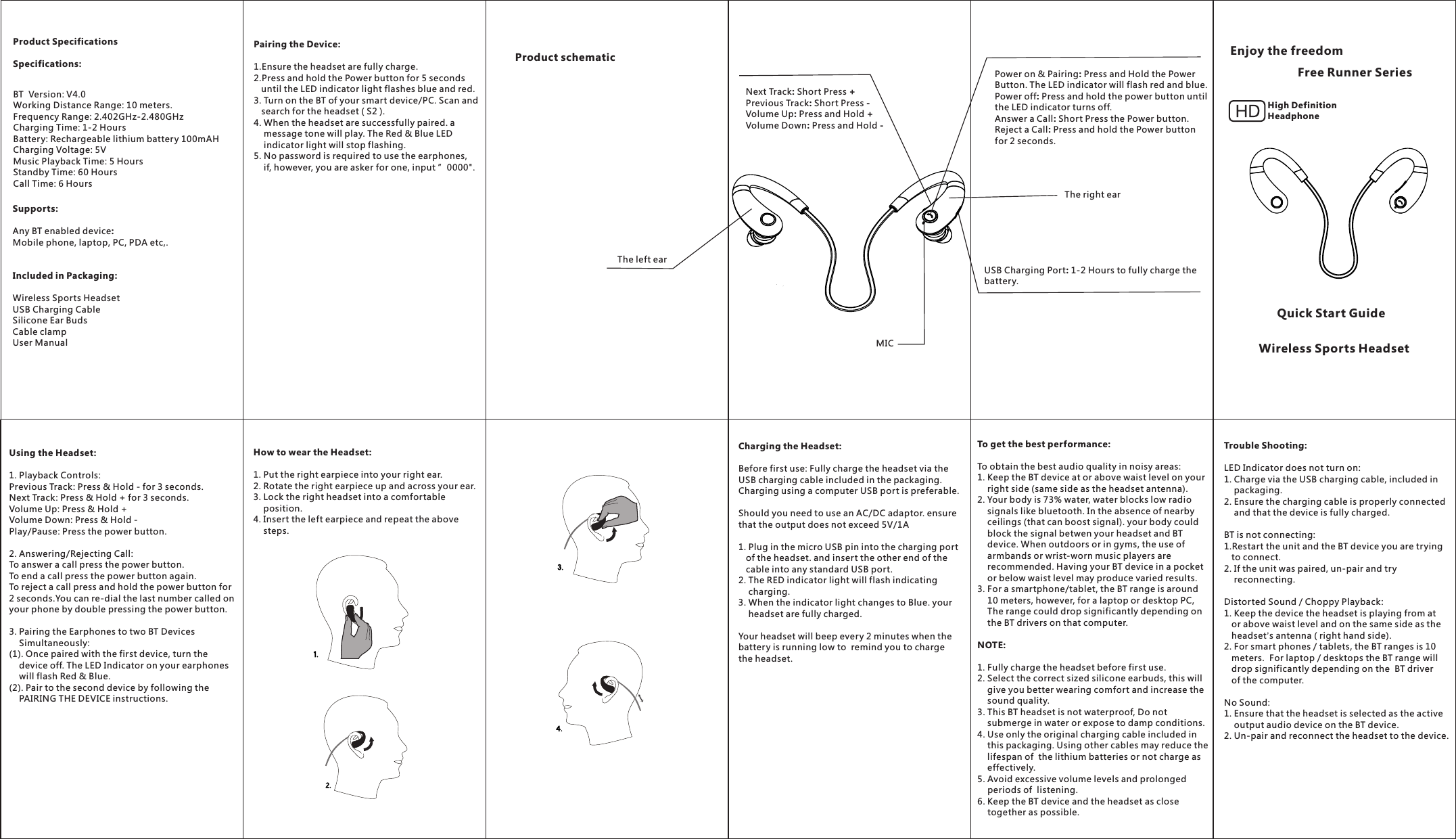 MICProduct schematic The left ear The right earEnjoy the freedomFree Runner SeriesProduct SpecificationsSpecifications:BT  Version: V4.0Working Distance Range: 10 meters.Frequency Range: 2.402GHz-2.480GHzCharging Time: 1-2 HoursBattery: Rechargeable lithium battery 100mAHCharging Voltage: 5VMusic Playback Time: 5 HoursStandby Time: 60 HoursCall Time: 6 HoursSupports:Any BT enabled device:Mobile phone, laptop, PC, PDA etc,.Included in Packaging:Wireless Sports HeadsetUSB Charging CableSilicone Ear BudsCable clampUser ManualNext Track: Short Press +Previous Track: Short Press -Volume Up: Press and Hold +Volume Down: Press and Hold -USB Charging Port: 1-2 Hours to fully charge the batter y.Power on &amp; Pairing: Press and Hold the PowerButton. The LED indicator will flash red and blue.Power off: Press and hold the power button untilthe LED indicator turns off.Answer a Call: Short Press the Power button.Reject a Call: Press and hold the Power buttonfor 2 seconds.Pairing the Device:1.Ensure the headset are fully charge.2.Press and hold the Power button for 5 seconds    until the LED indicator light flashes blue and red.3. Turn on the BT of your smart device/PC. Scan and    search for the headset ( S2 ).4. When the headset are successfully paired. a     message tone will play. The Red &amp; Blue LED     indicator light will stop flashing.5. No password is required to use the earphones,     if, however, you are asker for one, input ”0000&quot;.Using the Headset:1. Playback Controls:Previous Track: Press &amp; Hold - for 3 seconds.Next Track: Press &amp; Hold + for 3 seconds.Volume Up: Press &amp; Hold +Volume Down: Press &amp; Hold -Play/Pause: Press the power button.2. Answering/Rejecting Call:To answer a call press the power button.To end a call press the power button again.To reject a call press and hold the power button for 2 seconds.You can re-dial the last number called on your phone by double pressing the power button.3. Pairing the Earphones to two BT Devices     Simultaneously:(1). Once paired with the first device, turn the    device off. The LED Indicator on your earphones     will flash Red &amp; Blue.(2). Pair to the second device by following the     PAIRING THE DEVICE instructions.Charging the Headset:Before first use: Fully charge the headset via the USB charging cable included in the packaging. Charging using a computer USB port is preferable.Should you need to use an AC/DC adaptor. ensure that the output does not exceed 5V/1A1. Plug in the micro USB pin into the charging port    of the headset. and insert the other end of the    cable into any standard USB port.2. The RED indicator light will flash indicating     charging.3. When the indicator light changes to Blue. your     headset are fully charged.Your headset will beep every 2 minutes when the batter y is running low to  remind you to charge the headset. To get the best performance:To obtain the best audio quality in noisy areas:1. Keep the BT device at or above waist level on your     right side (same side as the headset antenna).2. Your body is 73% water, water blocks low radio     signals like bluetooth. In the absence of nearby     ceilings (that can boost signal). your body could     block the signal betwen your headset and BT     device. When outdoors or in gyms, the use of     armbands or wrist-worn music players are     recommended. Having your BT device in a pocket    or below waist level may produce varied results.3. For a smartphone/tablet, the BT range is around     10 meters, however, for a laptop or desktop PC,     The range could drop significantly depending on     the BT drivers on that computer.NOTE:1. Fully charge the headset before first use.2. Select the correct sized silicone earbuds, this will     give you better wearing comfort and increase the     sound quality.3. This BT headset is not waterproof, Do not     submerge in water or expose to damp conditions.4. Use only the original charging cable included in     this packaging. Using other cables may reduce the    lifespan of  the lithium batteries or not charge as     effectively.5. Avoid excessive volume levels and prolonged     periods of  listening.6. Keep the BT device and the headset as close     together as possible. Trouble Shooting:LED Indicator does not turn on:1. Charge via the USB charging cable, included in     packaging.2. Ensure the charging cable is properly connected     and that the device is fully charged.BT is not connecting:1.Restart the unit and the BT device you are trying    to connect.2. If the unit was paired, un-pair and try     reconnecting.Distorted Sound / Choppy Playback: 1. Keep the device the headset is playing from at    or above waist level and on the same side as the    headset’s antenna ( right hand side).2. For smart phones / tablets, the BT ranges is 10    meters.  For laptop / desktops the BT range will    drop significantly depending on the  BT driver    of the computer.No Sound:1. Ensure that the headset is selected as the active    output audio device on the BT device.2. Un-pair and reconnect the headset to the device.How to wear the Headset:1. Put the right earpiece into your right ear.2. Rotate the right earpiece up and across your ear.3. Lock the right headset into a comfortable     position.4. Insert the left earpiece and repeat the above     steps.High DefinitionHeadphoneQuick Start GuideWireless Sports Headset