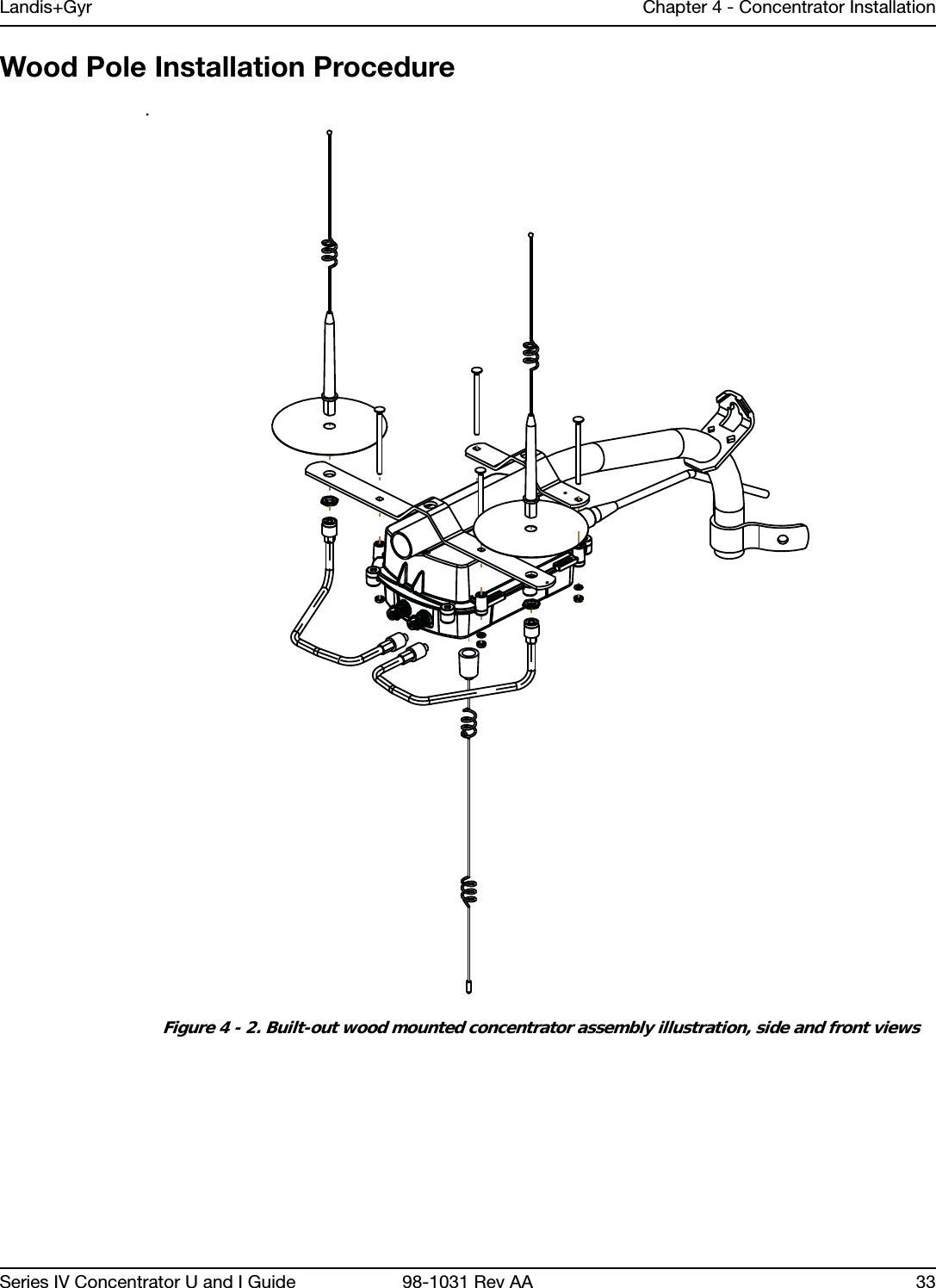 Landis+Gyr Chapter 4 - Concentrator InstallationSeries IV Concentrator U and I Guide 98-1031 Rev AA 33Wood Pole Installation Procedure.Figure 4 - 2. Built-out wood mounted concentrator assembly illustration, side and front views