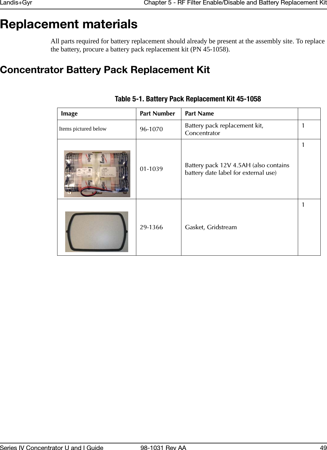 Landis+Gyr Chapter 5 - RF Filter Enable/Disable and Battery Replacement KitSeries IV Concentrator U and I Guide 98-1031 Rev AA 49Replacement materialsAll parts required for battery replacement should already be present at the assembly site. To replace the battery, procure a battery pack replacement kit (PN 45-1058).Concentrator Battery Pack Replacement KitTable 5-1. Battery Pack Replacement Kit 45-1058Image Part Number Part NameItems pictured below 96-1070 Battery pack replacement kit, Concentrator101-1039 Battery pack 12V 4.5AH (also contains battery date label for external use)129-1366 Gasket, Gridstream1
