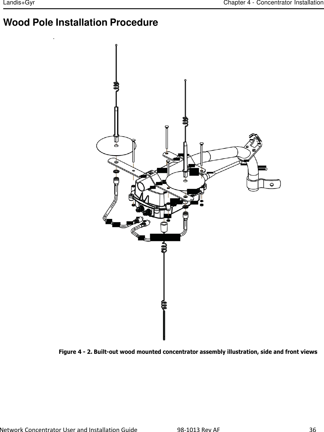 Landis+Gyr Chapter 4 - Concentrator Installation  Network Concentrator User and Installation Guide                          98-1013 Rev AF    36   Wood Pole Installation Procedure  .    Figure 4 - 2. Built-out wood mounted concentrator assembly illustration, side and front views 