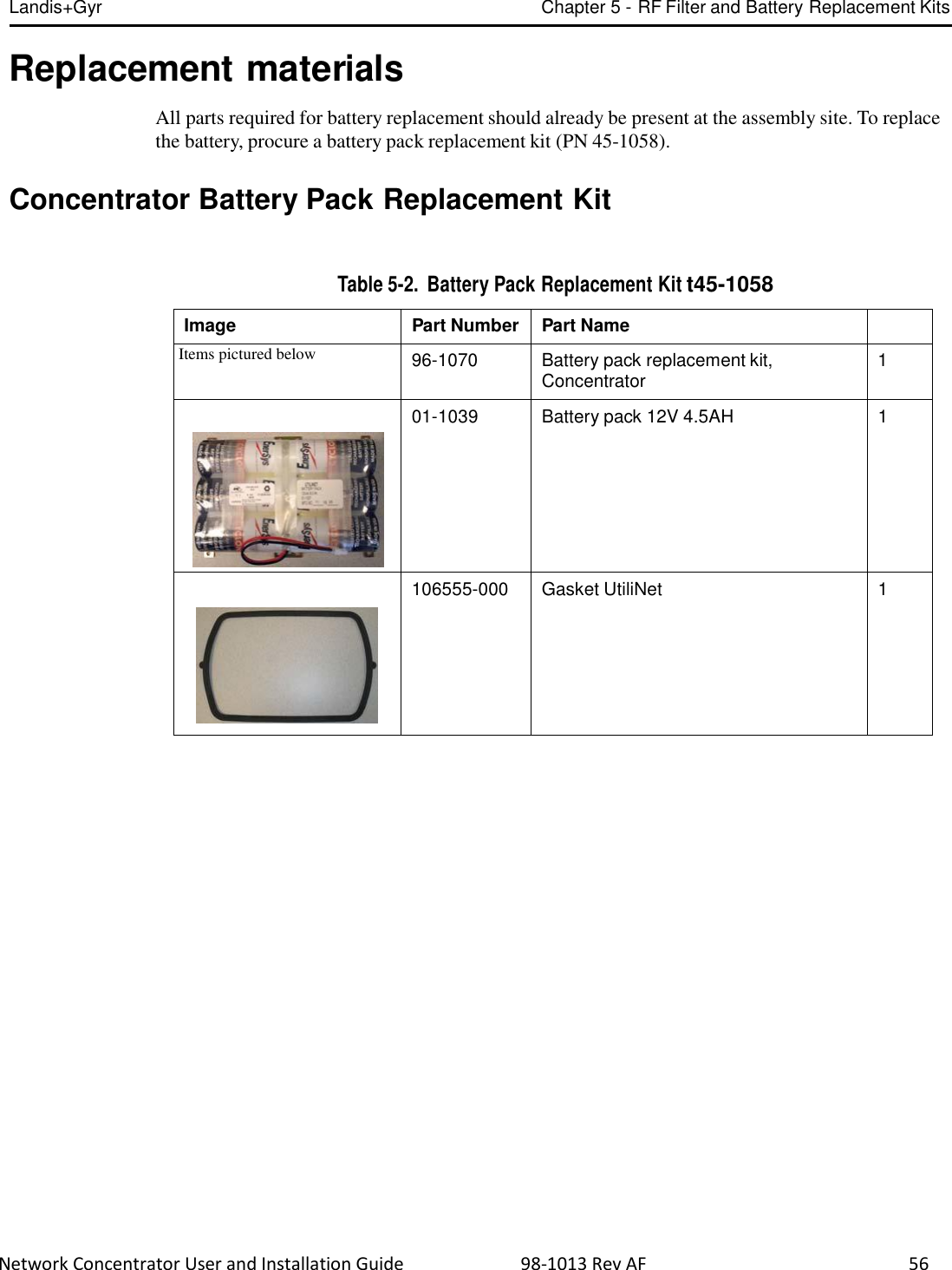 Landis+Gyr Chapter 5 - RF Filter and Battery Replacement Kits  Network Concentrator User and Installation Guide                          98-1013 Rev AF    56   Replacement materials  All parts required for battery replacement should already be present at the assembly site. To replace the battery, procure a battery pack replacement kit (PN 45-1058).   Concentrator Battery Pack Replacement Kit    Table 5-2.  Battery Pack Replacement Kit t45-1058  Image Part Number Part Name  Items pictured below 96-1070 Battery pack replacement kit, Concentrator 1    01-1039 Battery pack 12V 4.5AH 1     106555-000 Gasket UtiliNet 1 