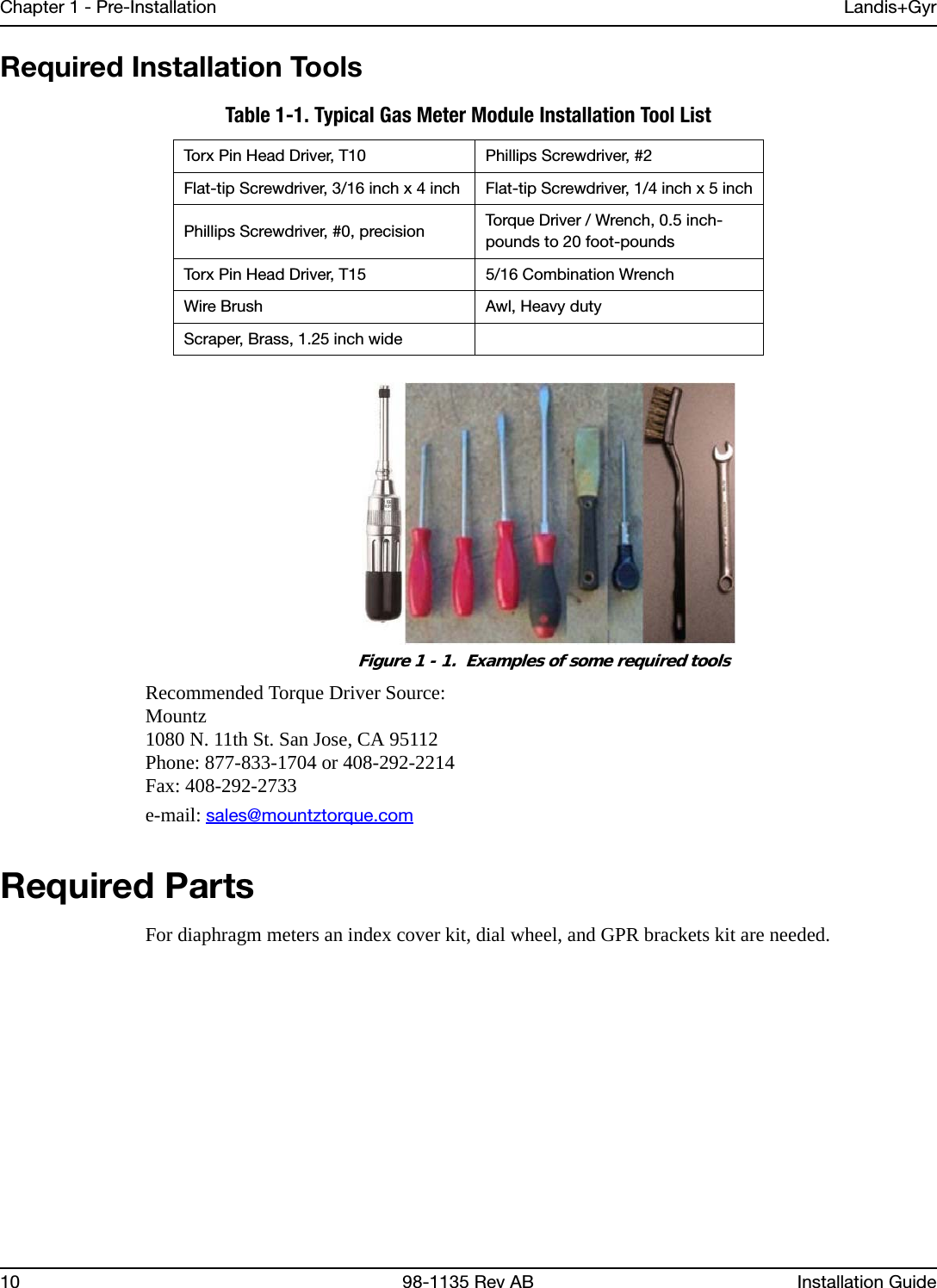 Chapter 1 - Pre-Installation Landis+Gyr10 98-1135 Rev AB Installation GuideRequired Installation Tools Figure 1 - 1.  Examples of some required toolsRecommended Torque Driver Source:Mountz1080 N. 11th St. San Jose, CA 95112Phone: 877-833-1704 or 408-292-2214Fax: 408-292-2733e-mail: sales@mountztorque.comRequired PartsFor diaphragm meters an index cover kit, dial wheel, and GPR brackets kit are needed.Table 1-1. Typical Gas Meter Module Installation Tool ListTorx Pin Head Driver, T10  Phillips Screwdriver, #2 Flat-tip Screwdriver, 3/16 inch x 4 inch Flat-tip Screwdriver, 1/4 inch x 5 inchPhillips Screwdriver, #0, precision Torque Driver / Wrench, 0.5 inch-pounds to 20 foot-poundsTorx Pin Head Driver, T15 5/16 Combination WrenchWire Brush Awl, Heavy dutyScraper, Brass, 1.25 inch wide