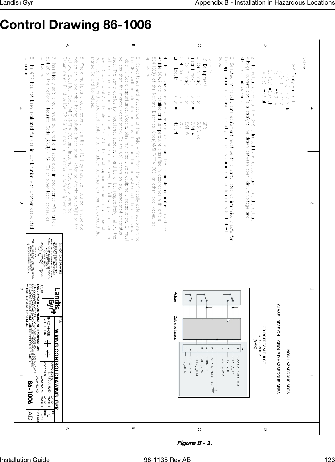 Landis+Gyr Appendix B - Installation in Hazardous LocationsInstallation Guide 98-1135 Rev AB 123Control Drawing 86-1006 Figure B - 1. 