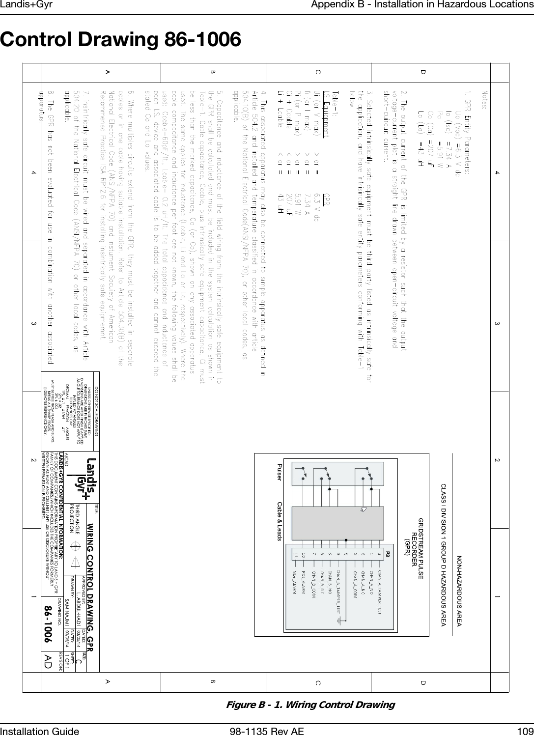 Landis+Gyr Appendix B - Installation in Hazardous LocationsInstallation Guide 98-1135 Rev AE 109Control Drawing 86-1006 Figure B - 1. Wiring Control Drawing