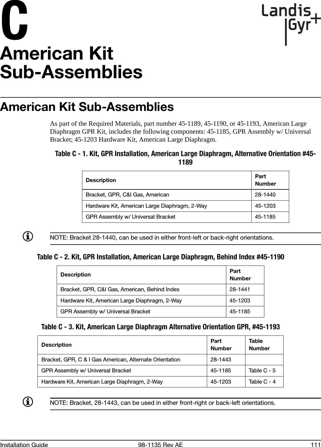 CInstallation Guide 98-1135 Rev AE 111American KitSub-AssembliesAmerican Kit Sub-AssembliesAs part of the Required Materials, part number 45-1189, 45-1190, or 45-1193, American Large Diaphragm GPR Kit, includes the following components: 45-1185, GPR Assembly w/ Universal Bracket; 45-1203 Hardware Kit, American Large Diaphragm.NOTE: Bracket 28-1440, can be used in either front-left or back-right orientations.NOTE: Bracket, 28-1443, can be used in either front-right or back-left orientations.Table C - 1. Kit, GPR Installation, American Large Diaphragm, Alternative Orientation #45-1189Description Part NumberBracket, GPR, C&amp;I Gas, American 28-1440Hardware Kit, American Large Diaphragm, 2-Way 45-1203GPR Assembly w/ Universal Bracket 45-1185Table C - 2. Kit, GPR Installation, American Large Diaphragm, Behind Index #45-1190Description Part NumberBracket, GPR, C&amp;I Gas, American, Behind Index 28-1441Hardware Kit, American Large Diaphragm, 2-Way 45-1203GPR Assembly w/ Universal Bracket 45-1185Table C - 3. Kit, American Large Diaphragm Alternative Orientation GPR, #45-1193Description Part NumberTab l e  NumberBracket, GPR, C &amp; I Gas American, Alternate Orientation 28-1443GPR Assembly w/ Universal Bracket 45-1185 Table C - 5Hardware Kit, American Large Diaphragm, 2-Way 45-1203 Table C - 4
