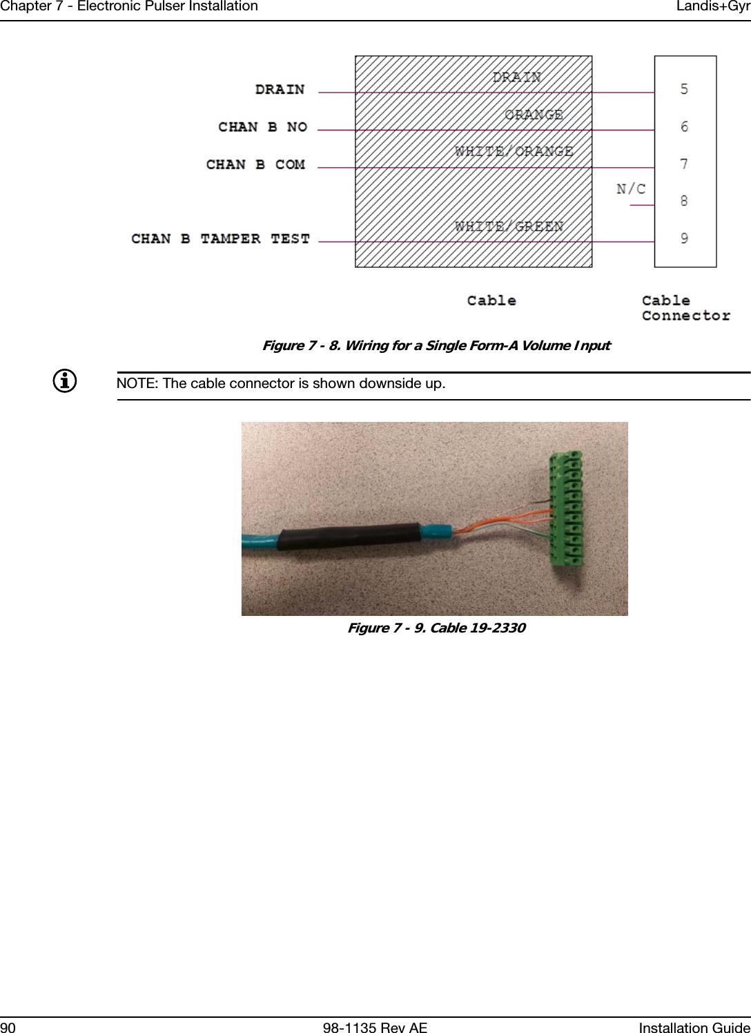 Chapter 7 - Electronic Pulser Installation Landis+Gyr90 98-1135 Rev AE Installation Guide Figure 7 - 8. Wiring for a Single Form-A Volume InputNOTE: The cable connector is shown downside up. Figure 7 - 9. Cable 19-2330