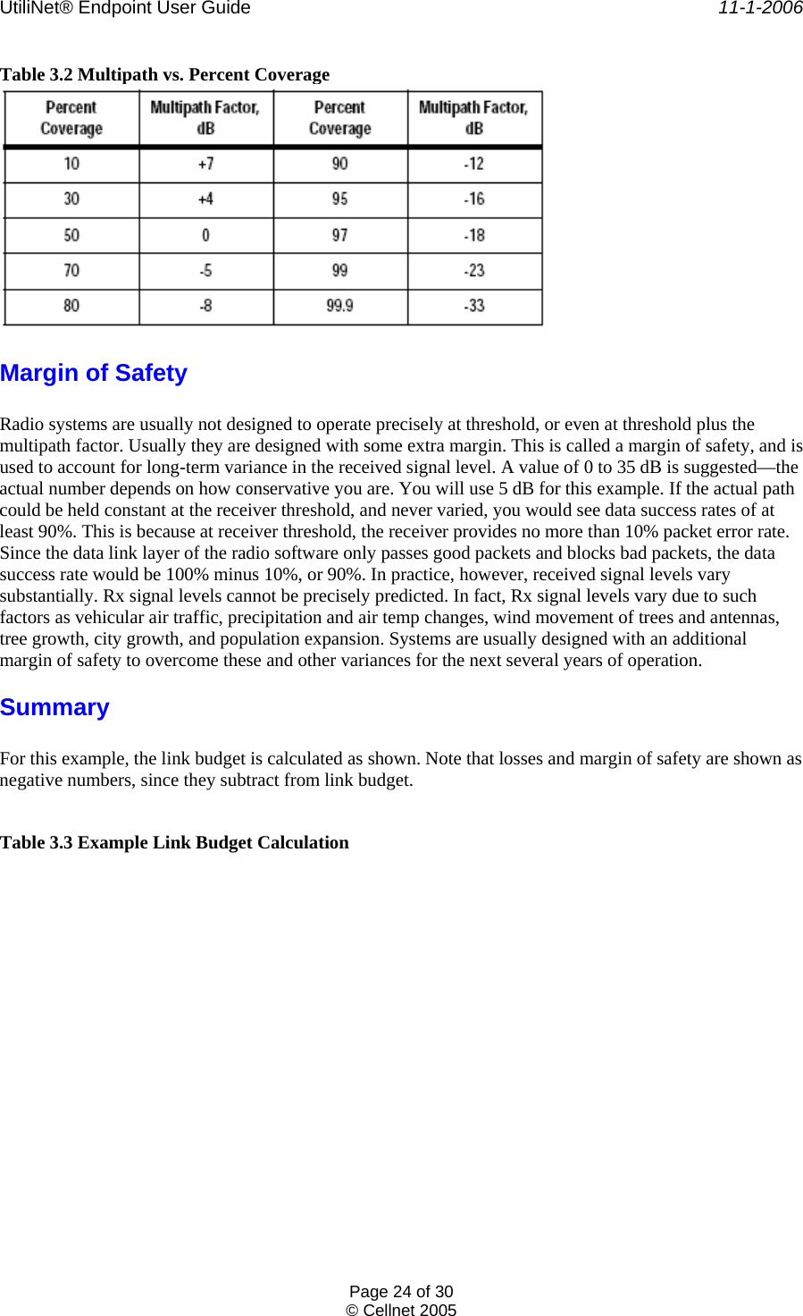 UtiliNet® Endpoint User Guide    11-1-2006 Page 24 of 30 © Cellnet 2005  Table 3.2 Multipath vs. Percent Coverage  Margin of Safety  Radio systems are usually not designed to operate precisely at threshold, or even at threshold plus the multipath factor. Usually they are designed with some extra margin. This is called a margin of safety, and is used to account for long-term variance in the received signal level. A value of 0 to 35 dB is suggested—the actual number depends on how conservative you are. You will use 5 dB for this example. If the actual path could be held constant at the receiver threshold, and never varied, you would see data success rates of at least 90%. This is because at receiver threshold, the receiver provides no more than 10% packet error rate. Since the data link layer of the radio software only passes good packets and blocks bad packets, the data success rate would be 100% minus 10%, or 90%. In practice, however, received signal levels vary substantially. Rx signal levels cannot be precisely predicted. In fact, Rx signal levels vary due to such factors as vehicular air traffic, precipitation and air temp changes, wind movement of trees and antennas, tree growth, city growth, and population expansion. Systems are usually designed with an additional margin of safety to overcome these and other variances for the next several years of operation. Summary  For this example, the link budget is calculated as shown. Note that losses and margin of safety are shown as negative numbers, since they subtract from link budget.   Table 3.3 Example Link Budget Calculation 