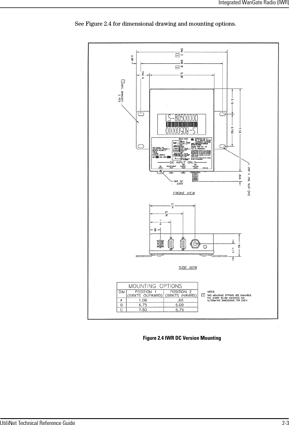 Integrated WanGate Radio (IWR)UtiliNet Technical Reference Guide 2-3See Figure 2.4 for dimensional drawing and mounting options.Figure 2.4 IWR DC Version Mounting