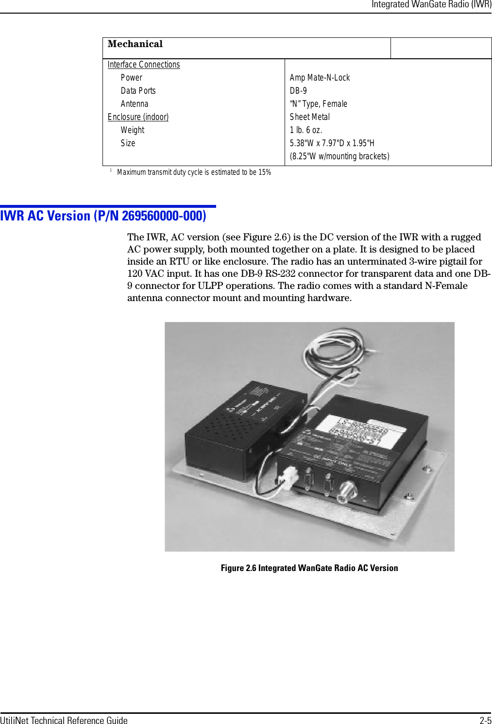 Integrated WanGate Radio (IWR)UtiliNet Technical Reference Guide 2-5IWR AC Version (P/N 269560000-000)The IWR, AC version (see Figure 2.6) is the DC version of the IWR with a rugged AC power supply, both mounted together on a plate. It is designed to be placed inside an RTU or like enclosure. The radio has an unterminated 3-wire pigtail for 120 VAC input. It has one DB-9 RS-232 connector for transparent data and one DB-9 connector for ULPP operations. The radio comes with a standard N-Female antenna connector mount and mounting hardware.Figure 2.6 Integrated WanGate Radio AC VersionMechanicalInterface ConnectionsPower Data PortsAntennaEnclosure (indoor)Weight SizeAmp Mate-N-LockDB-9“N” Type, FemaleSheet Metal1 lb. 6 oz.5.38&quot;W x 7.97&quot;D x 1.95&quot;H(8.25&quot;W w/mounting brackets)1Maximum transmit duty cycle is estimated to be 15%