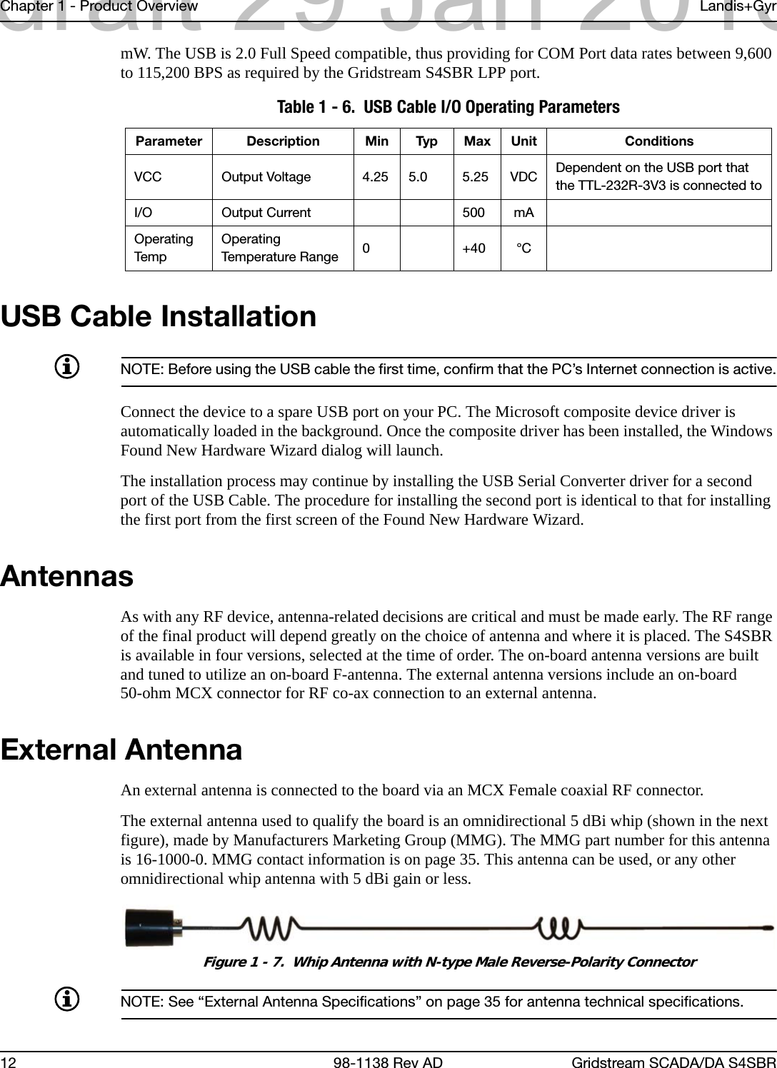Chapter 1 - Product Overview Landis+Gyr12 98-1138 Rev AD Gridstream SCADA/DA S4SBRmW. The USB is 2.0 Full Speed compatible, thus providing for COM Port data rates between 9,600 to 115,200 BPS as required by the Gridstream S4SBR LPP port.USB Cable InstallationNOTE: Before using the USB cable the first time, confirm that the PC’s Internet connection is active.Connect the device to a spare USB port on your PC. The Microsoft composite device driver is automatically loaded in the background. Once the composite driver has been installed, the Windows Found New Hardware Wizard dialog will launch.The installation process may continue by installing the USB Serial Converter driver for a second port of the USB Cable. The procedure for installing the second port is identical to that for installing the first port from the first screen of the Found New Hardware Wizard.AntennasAs with any RF device, antenna-related decisions are critical and must be made early. The RF range of the final product will depend greatly on the choice of antenna and where it is placed. The S4SBR is available in four versions, selected at the time of order. The on-board antenna versions are built and tuned to utilize an on-board F-antenna. The external antenna versions include an on-board 50-ohm MCX connector for RF co-ax connection to an external antenna.External AntennaAn external antenna is connected to the board via an MCX Female coaxial RF connector.The external antenna used to qualify the board is an omnidirectional 5 dBi whip (shown in the next figure), made by Manufacturers Marketing Group (MMG). The MMG part number for this antenna is 16-1000-0. MMG contact information is on page 35. This antenna can be used, or any other omnidirectional whip antenna with 5 dBi gain or less.Figure 1 - 7.  Whip Antenna with N-type Male Reverse-Polarity ConnectorNOTE: See “External Antenna Specifications” on page 35 for antenna technical specifications.Table 1 - 6.  USB Cable I/O Operating ParametersParameter Description Min Typ Max Unit ConditionsVCC Output Voltage 4.25 5.0 5.25 VDC Dependent on the USB port that the TTL-232R-3V3 is connected toI/O Output Current 500 mAOperating Tem pOperating Temperature Range 0+40°Cdraft 29 Jan 2013