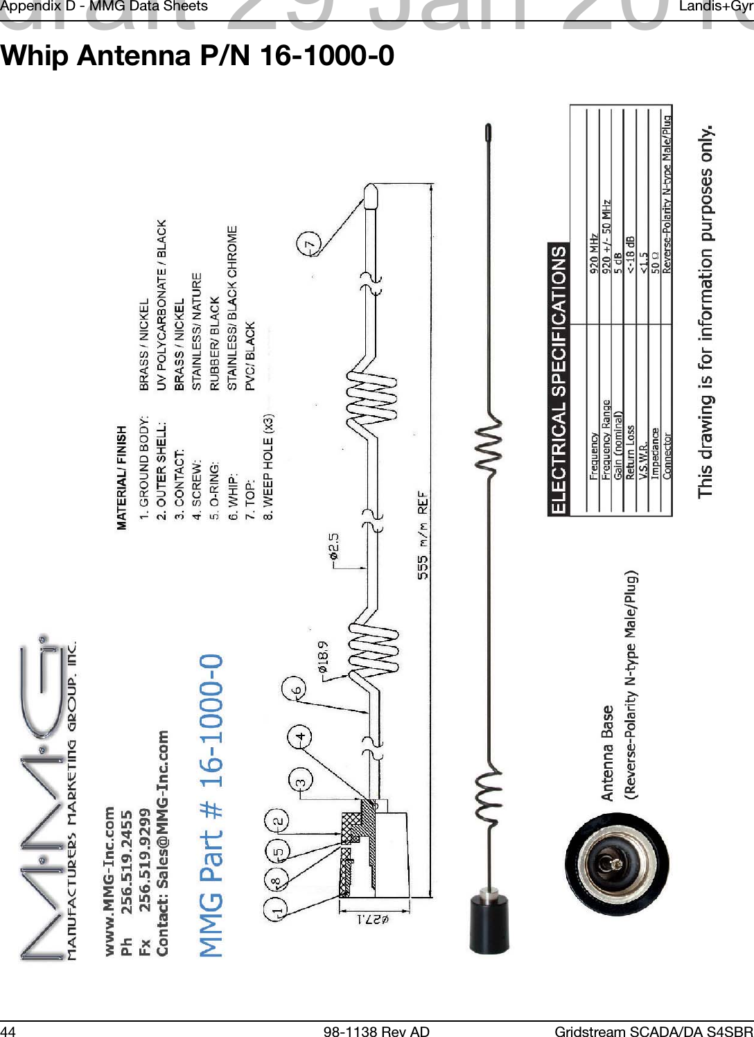 Appendix D - MMG Data Sheets Landis+Gyr44 98-1138 Rev AD Gridstream SCADA/DA S4SBRWhip Antenna P/N 16-1000-0draft 29 Jan 2013