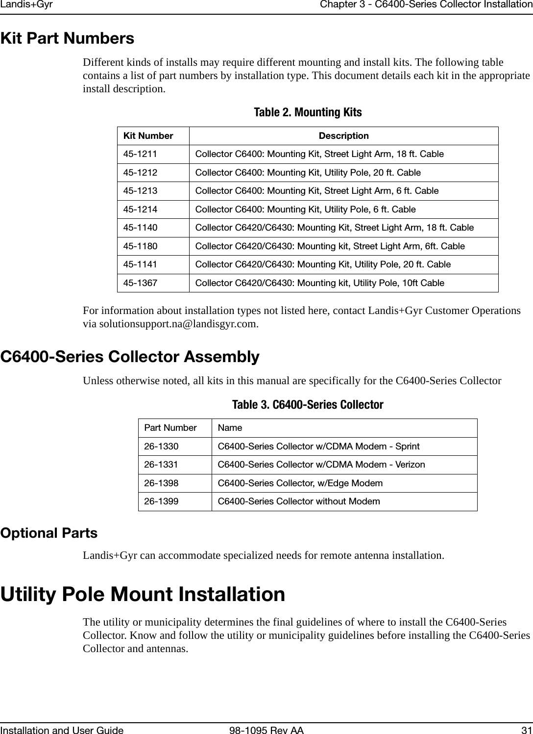 Landis+Gyr Chapter 3 - C6400-Series Collector InstallationInstallation and User Guide 98-1095 Rev AA 31Kit Part NumbersDifferent kinds of installs may require different mounting and install kits. The following table contains a list of part numbers by installation type. This document details each kit in the appropriate install description.For information about installation types not listed here, contact Landis+Gyr Customer Operations via solutionsupport.na@landisgyr.com.C6400-Series Collector AssemblyUnless otherwise noted, all kits in this manual are specifically for the C6400-Series Collector Optional PartsLandis+Gyr can accommodate specialized needs for remote antenna installation.Utility Pole Mount InstallationThe utility or municipality determines the final guidelines of where to install the C6400-Series Collector. Know and follow the utility or municipality guidelines before installing the C6400-Series Collector and antennas.Table 2. Mounting KitsKit Number Description45-1211 Collector C6400: Mounting Kit, Street Light Arm, 18 ft. Cable45-1212 Collector C6400: Mounting Kit, Utility Pole, 20 ft. Cable45-1213 Collector C6400: Mounting Kit, Street Light Arm, 6 ft. Cable45-1214 Collector C6400: Mounting Kit, Utility Pole, 6 ft. Cable45-1140  Collector C6420/C6430: Mounting Kit, Street Light Arm, 18 ft. Cable45-1180 Collector C6420/C6430: Mounting kit, Street Light Arm, 6ft. Cable45-1141 Collector C6420/C6430: Mounting Kit, Utility Pole, 20 ft. Cable45-1367 Collector C6420/C6430: Mounting kit, Utility Pole, 10ft CableTable 3. C6400-Series CollectorPart Number Name26-1330 C6400-Series Collector w/CDMA Modem - Sprint26-1331 C6400-Series Collector w/CDMA Modem - Verizon26-1398 C6400-Series Collector, w/Edge Modem26-1399 C6400-Series Collector without Modem