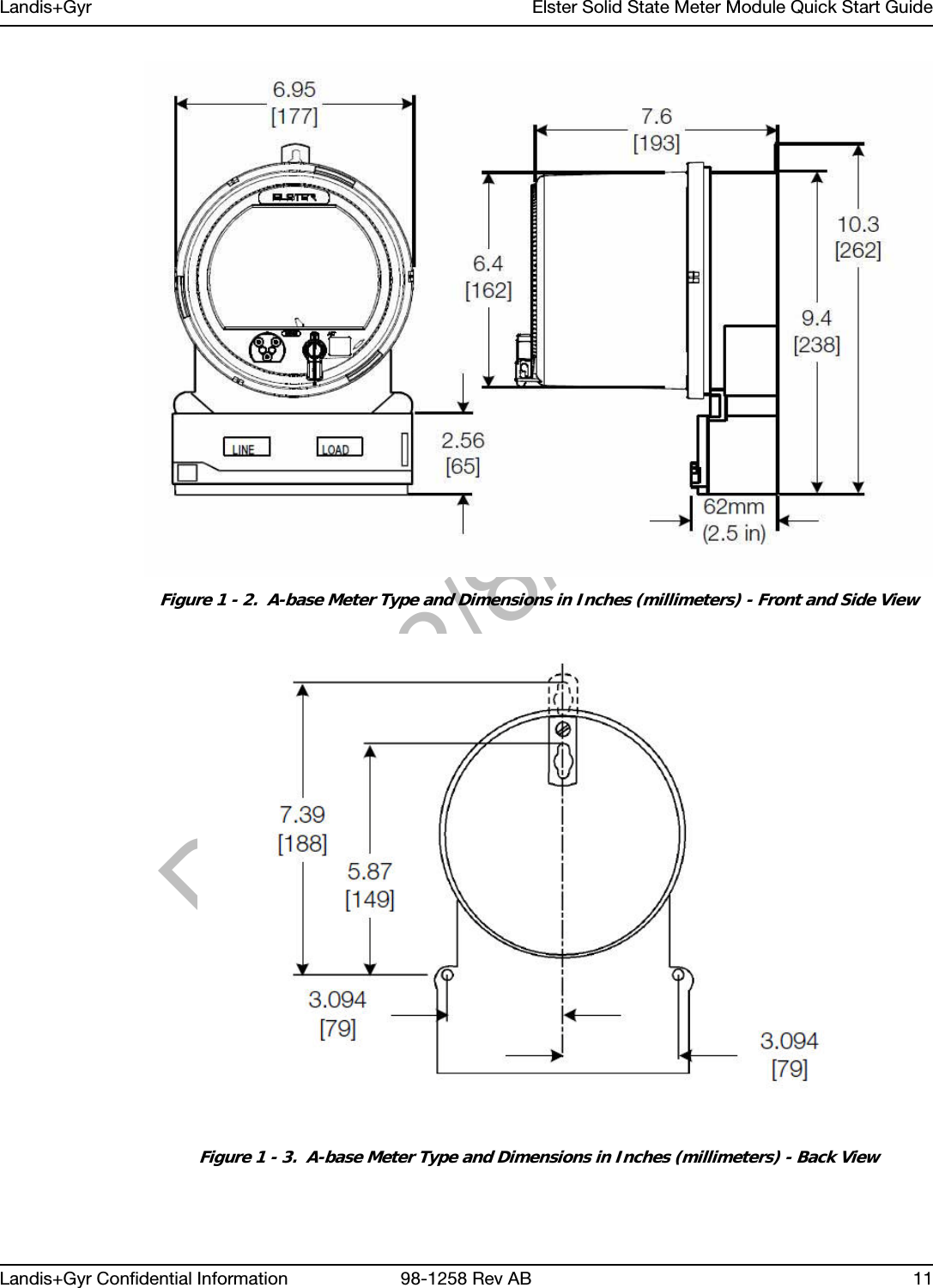 Draft 12/8/2012Landis+Gyr Elster Solid State Meter Module Quick Start GuideLandis+Gyr Confidential Information 98-1258 Rev AB 11Figure 1 - 2.  A-base Meter Type and Dimensions in Inches (millimeters) - Front and Side ViewFigure 1 - 3.  A-base Meter Type and Dimensions in Inches (millimeters) - Back View